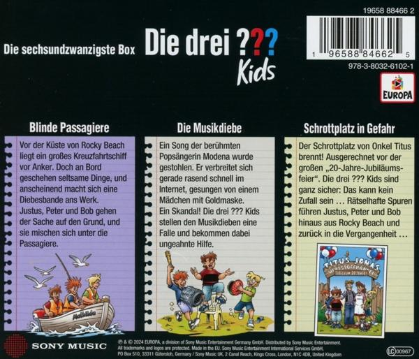 Rückseite der CD-Hülle von 'Die drei ??? Kids'. Zeigt drei Episodenübersichten mit Comic-Illustrationen.