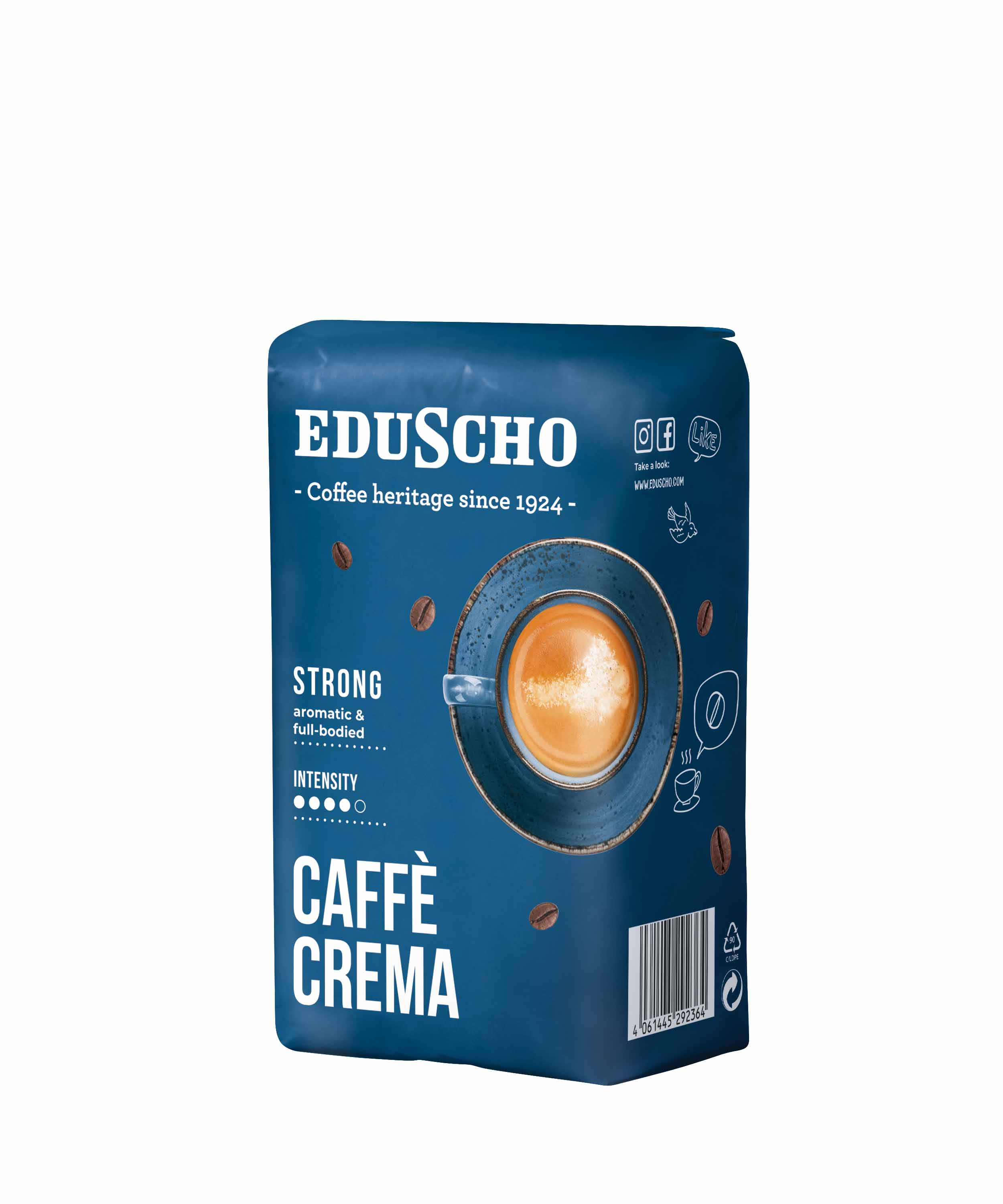 Kahve fincanı resmi ve Almanca metin içeren mavi bir EDUSCHO Caffè Crema çantası.