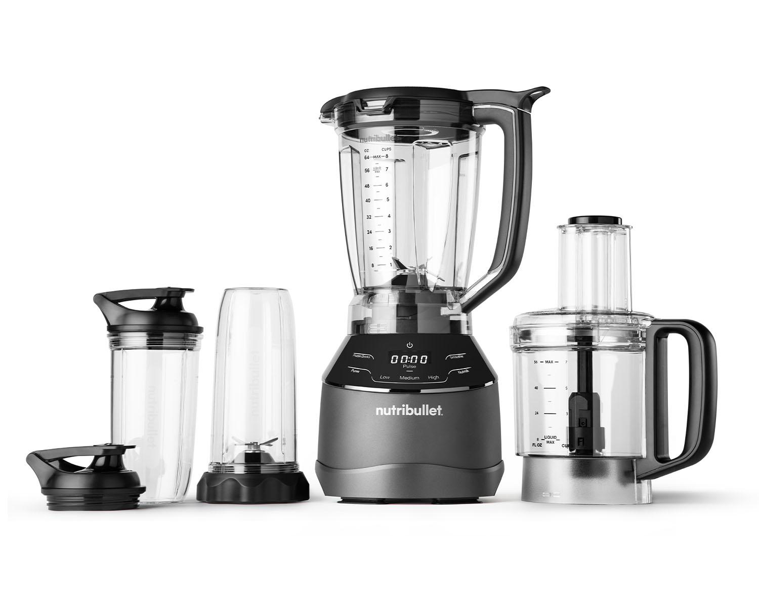 Satz von Nutribullet-Blendern und Küchenmaschinen. Enthält zwei Becher, einen Mixer und einen Prozessor.