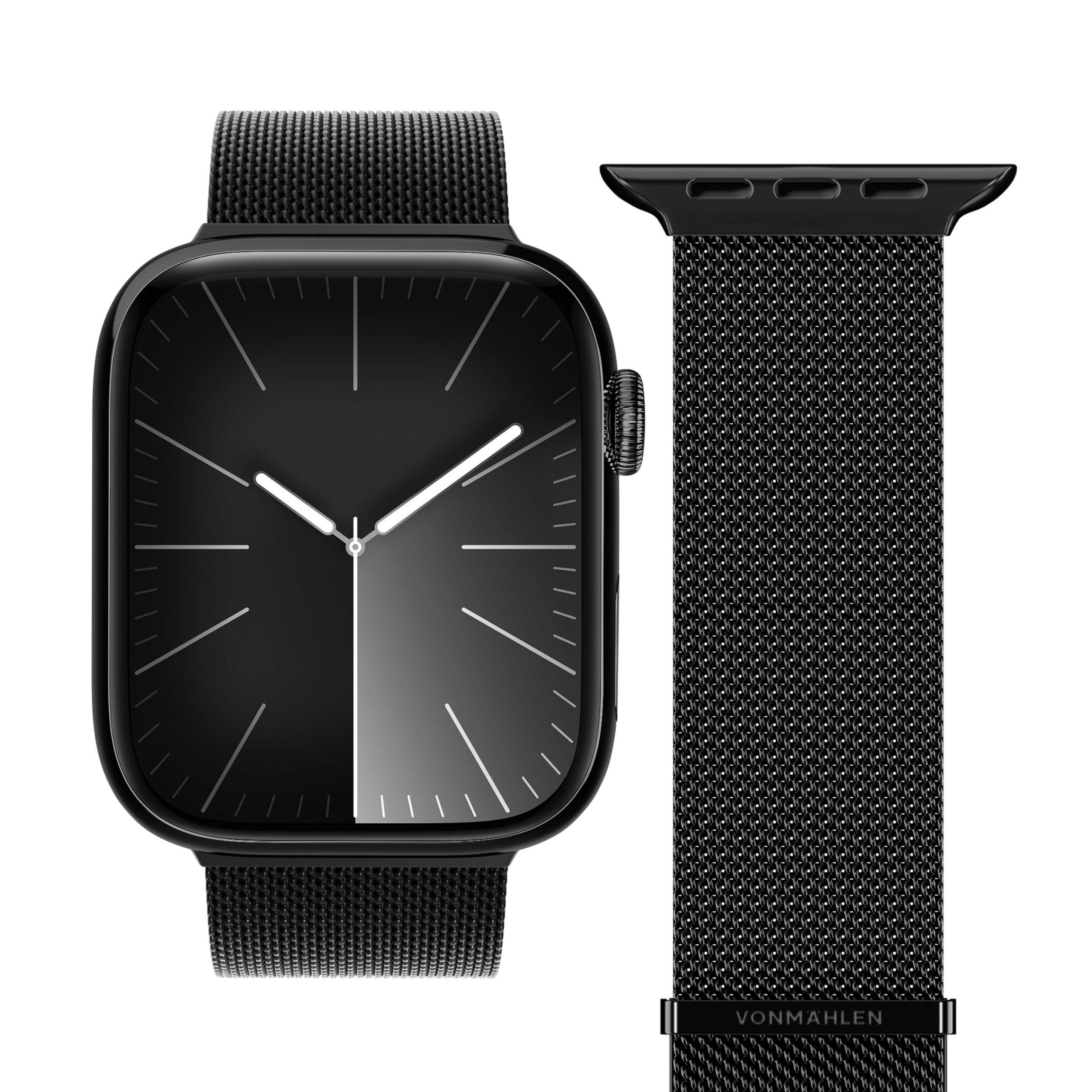 Schwarze Smartwatch mit schwarzem Armband. Weißer Hintergrund.