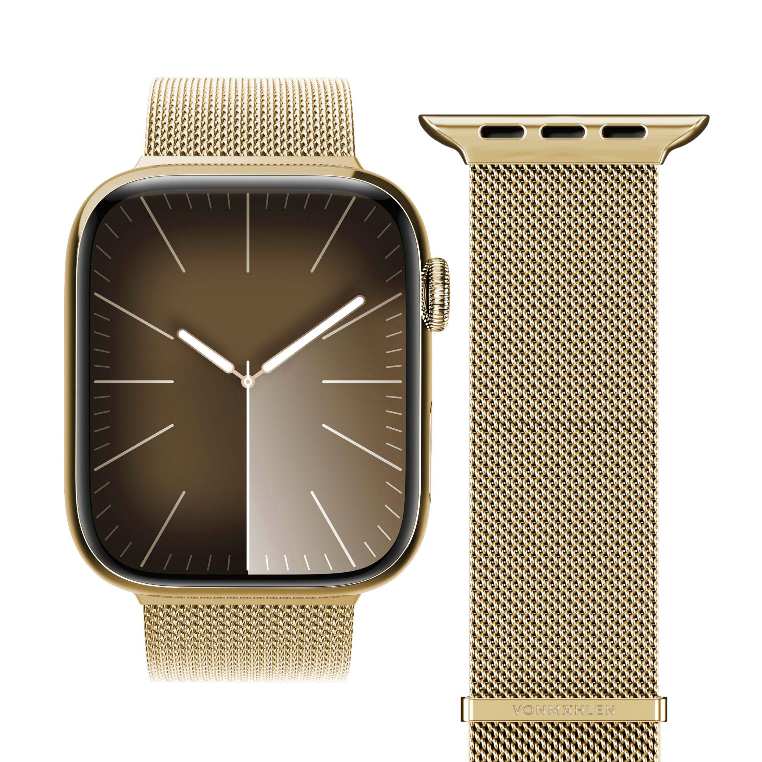 Goldene Apple Watch mit goldenem Mesh-Armband. Das Zifferblatt zeigt einen Farbverlauf.