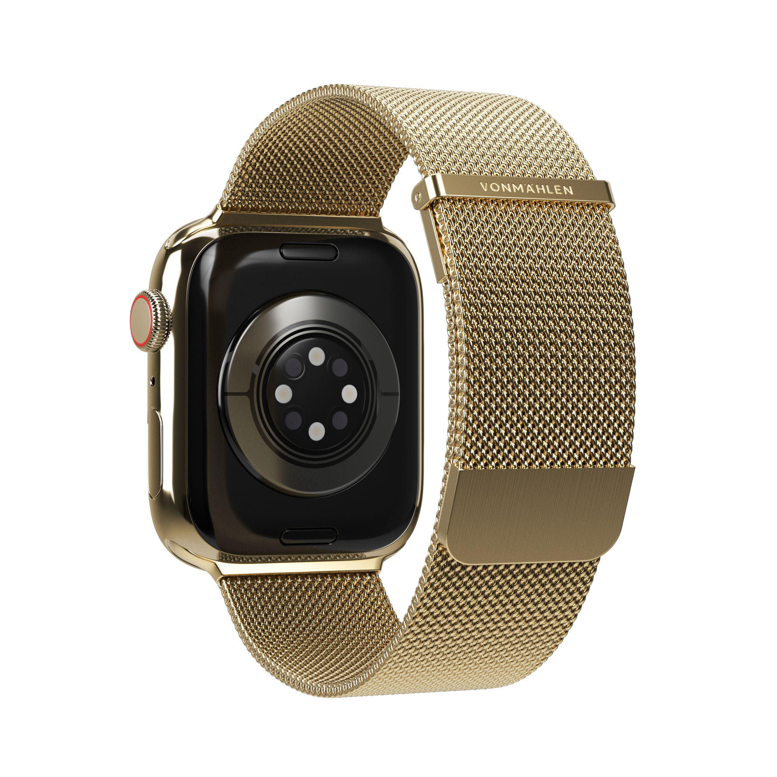Goldene Smartwatch auf weißem Hintergrund. Schwarzes Zifferblatt und goldenes Mesh-Armband.