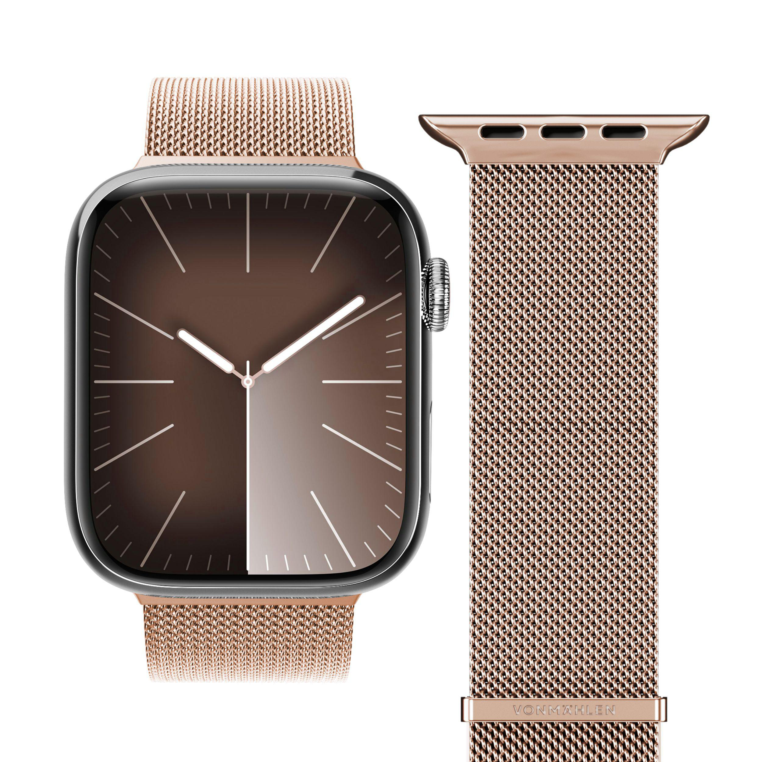 Apple Watch mit roségoldfarbenem Mesh-Armband, Seitenansicht. Weißer Hintergrund.
