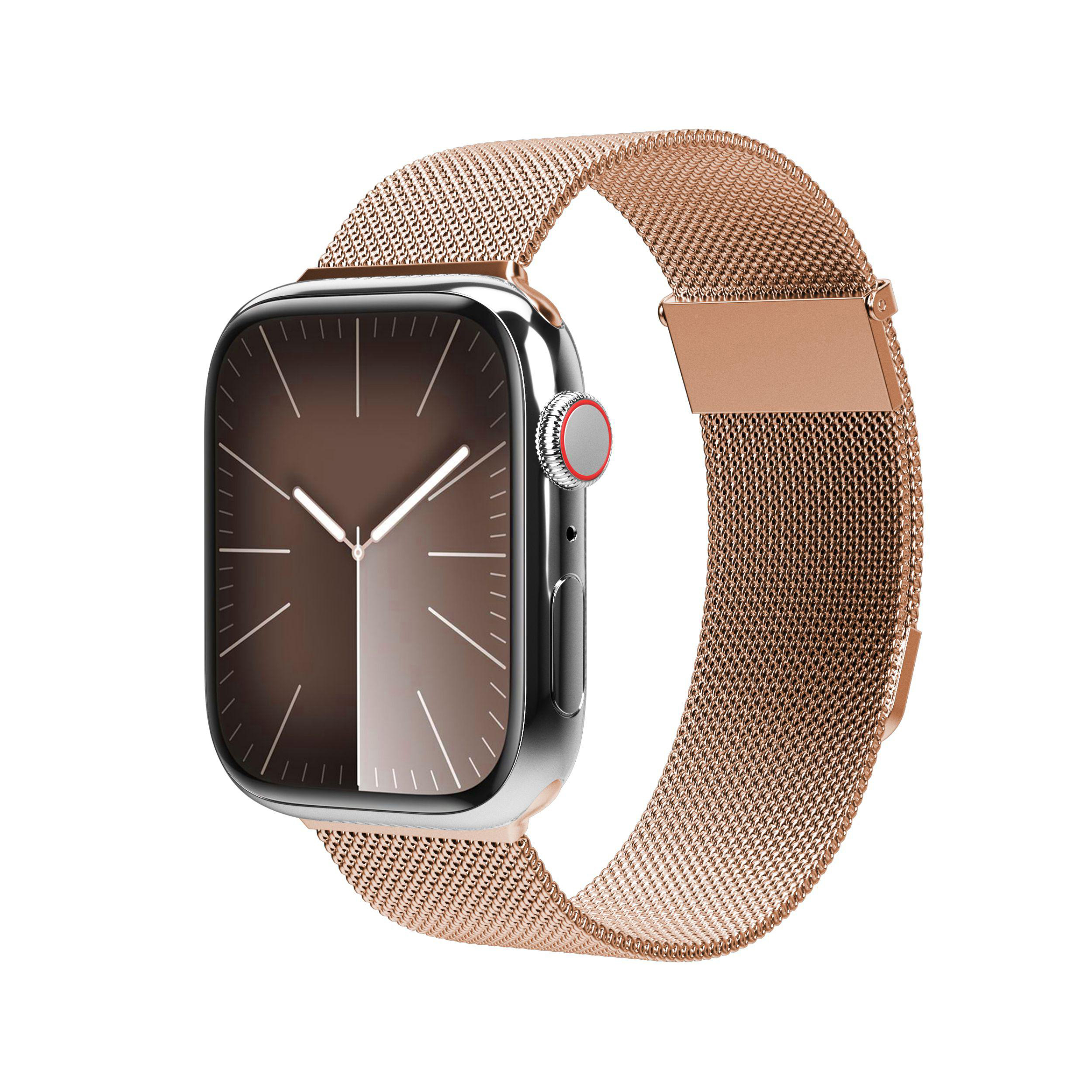 Eine roségoldene Smartwatch mit Mesh-Armband. Das Zifferblatt ist braun und silber.