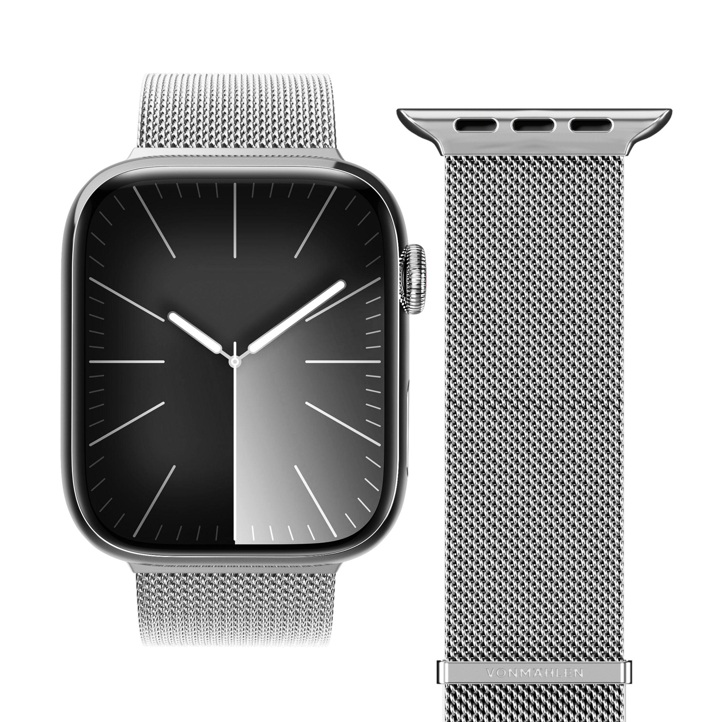 Silberne Apple Watch mit silbernem Mesh-Armband und separatem Armband. Weißer Hintergrund.