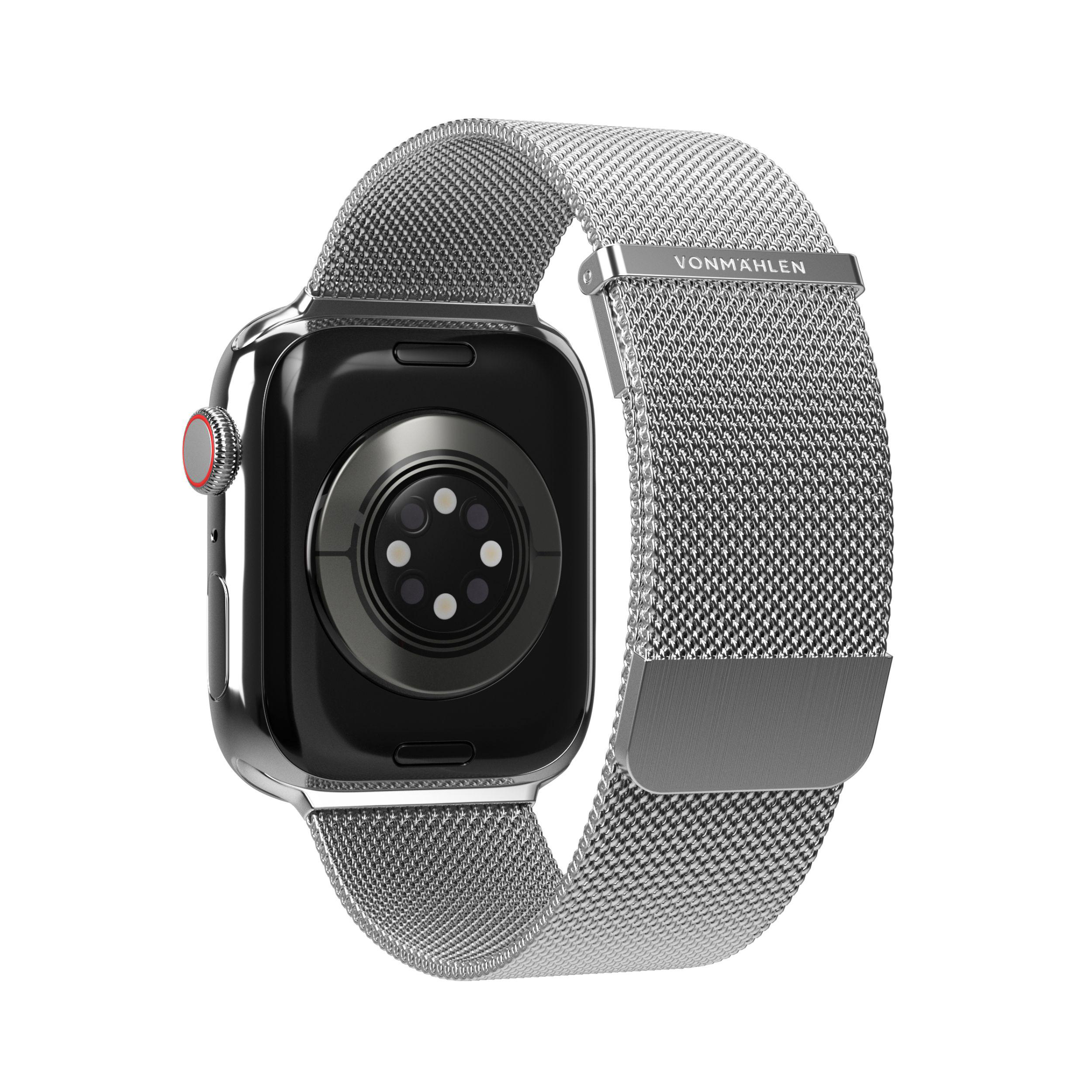Silberne Smartwatch mit Metallband, Rückansicht.