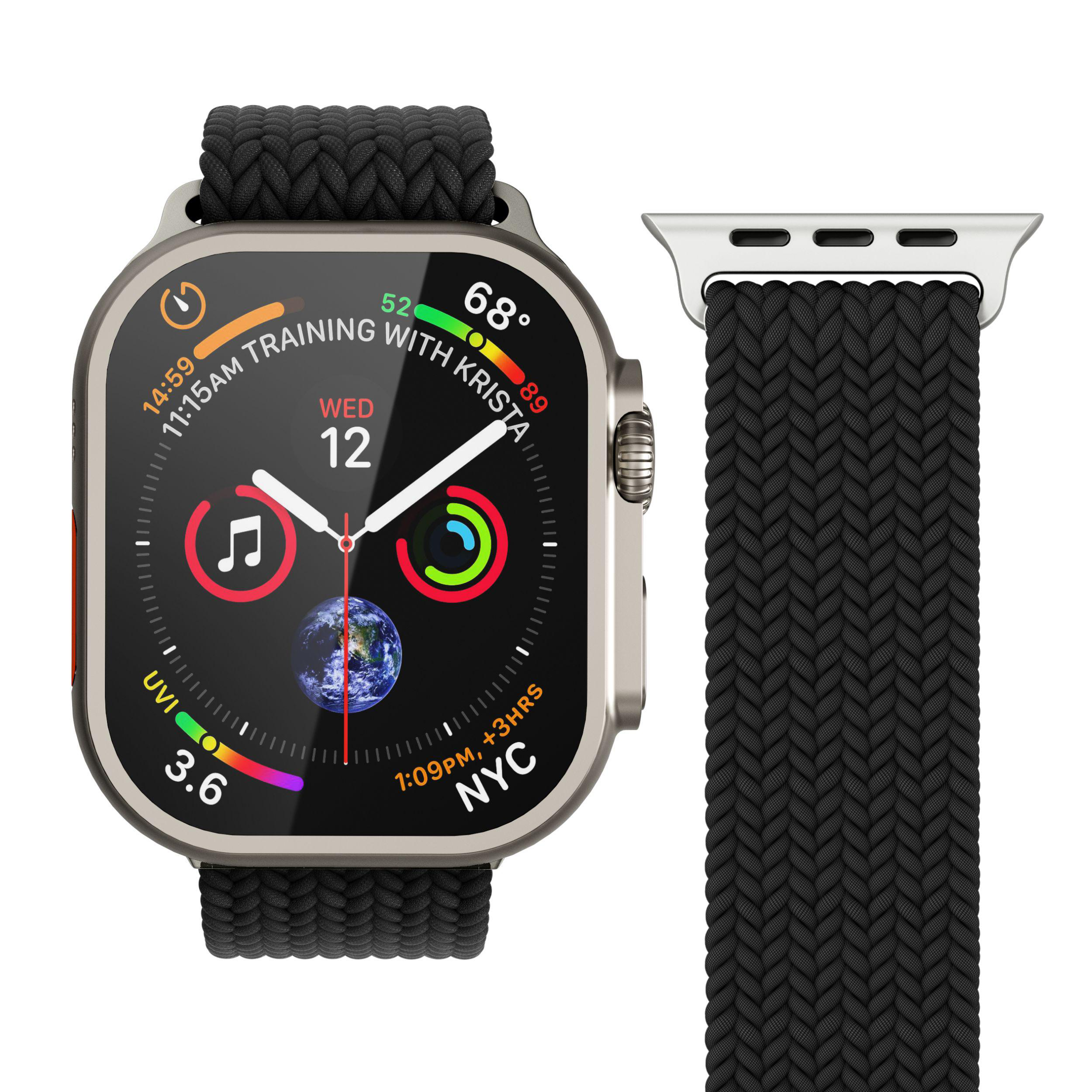 Silberfarbene Apple Watch mit schwarzem geflochtenem Solo Loop Armband und weißem Hintergrund.