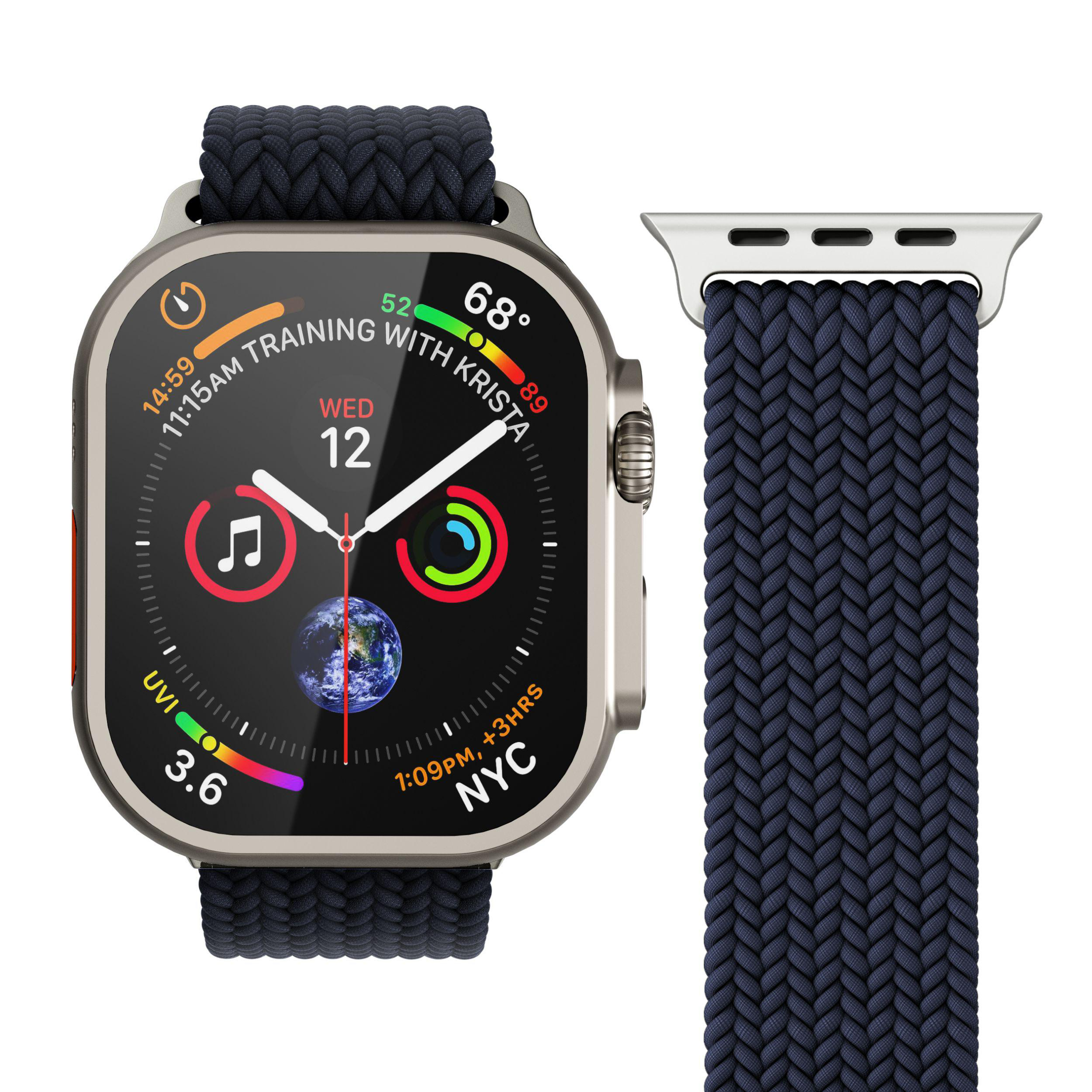Silberne Apple Watch mit blauem geflochtenem Armband, vor weißem Hintergrund.