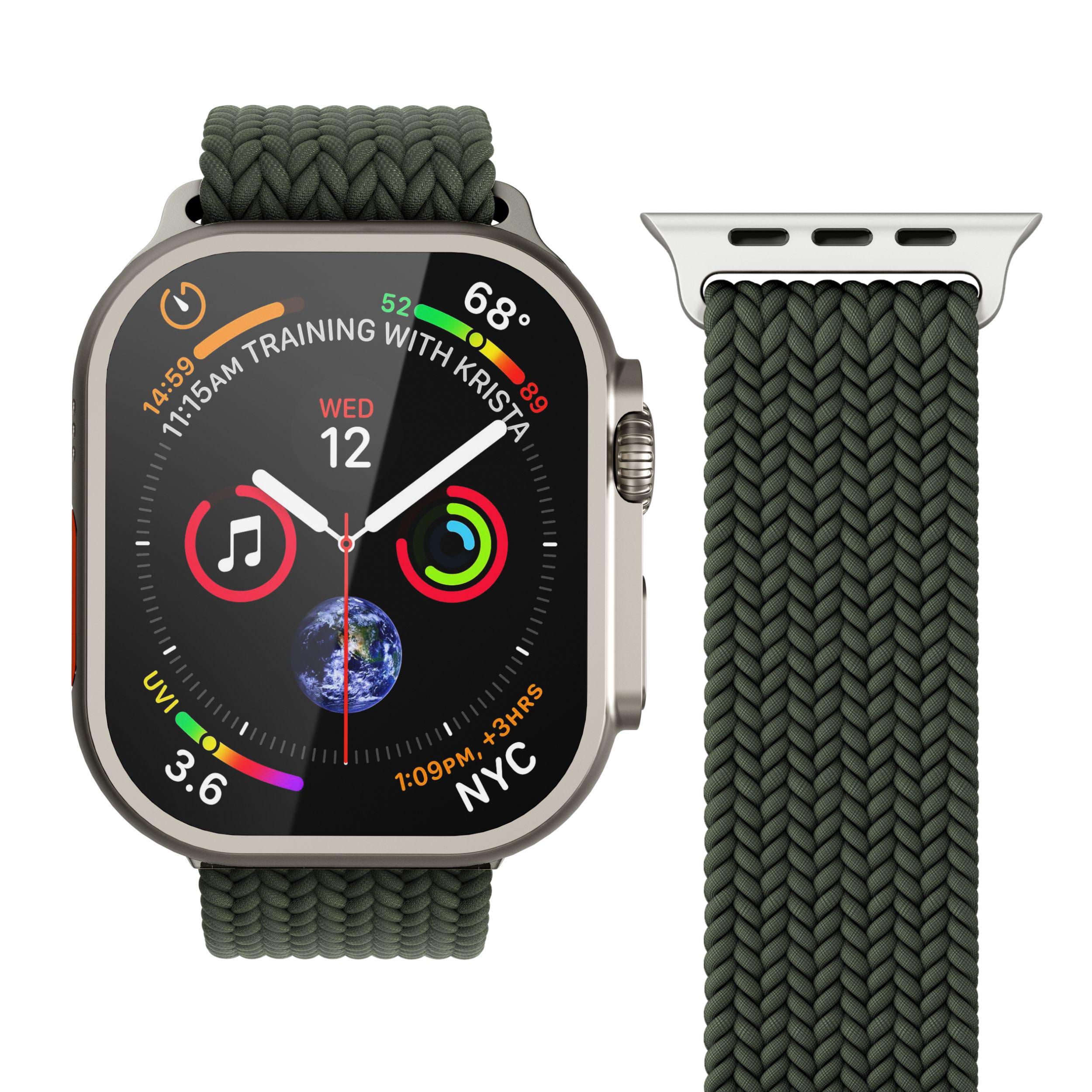 Eine Apple Watch mit grünem geflochtenem Solo Loop Armband. Das Zifferblatt zeigt Daten an.