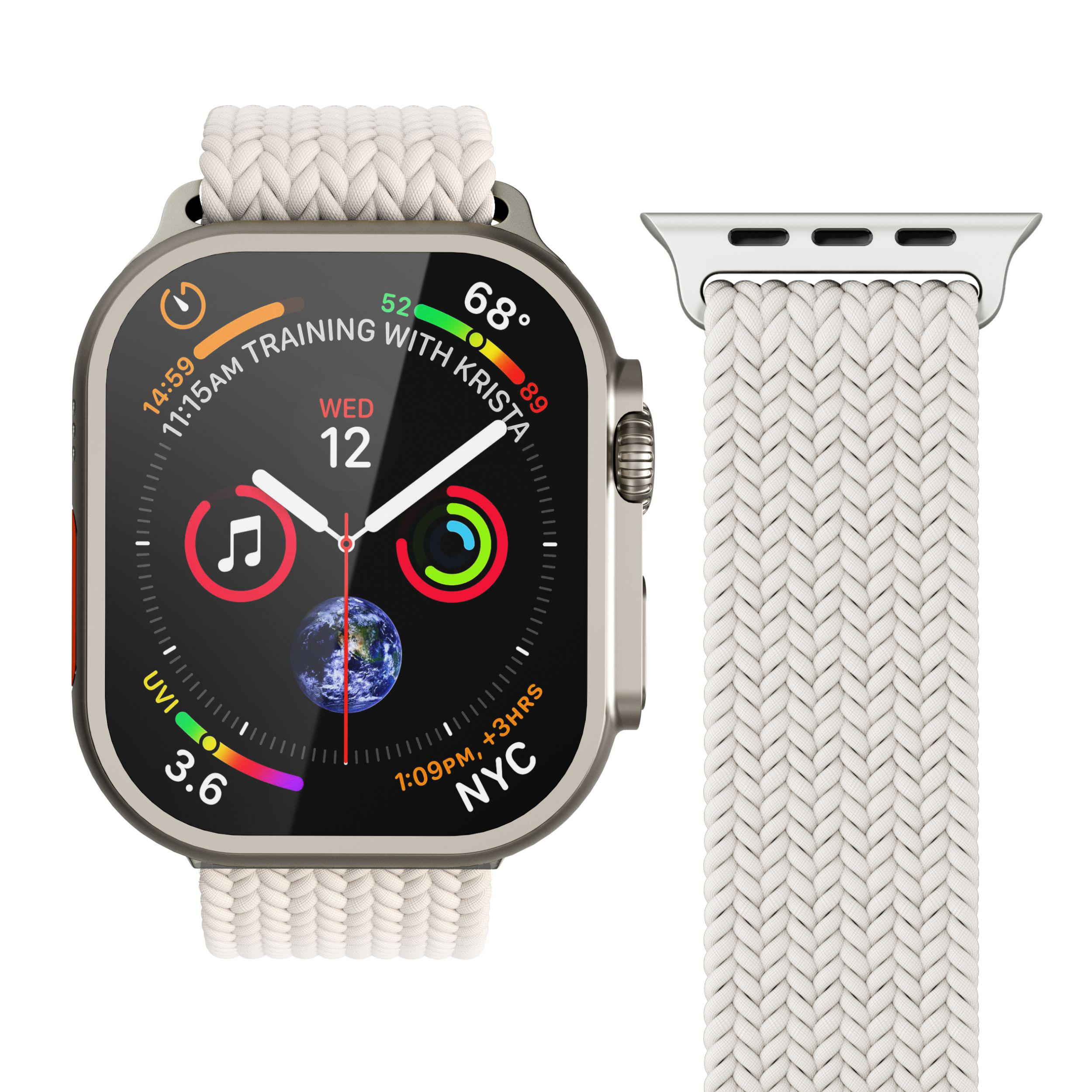 Smartwatch mit cremefarbenem geflochtenem Armband, Anzeige von Zeit und Daten.