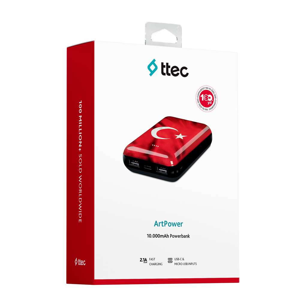 Türk bayrağı tasarımına sahip bir powerbank kutusu ve hızlı şarj hakkında metin.