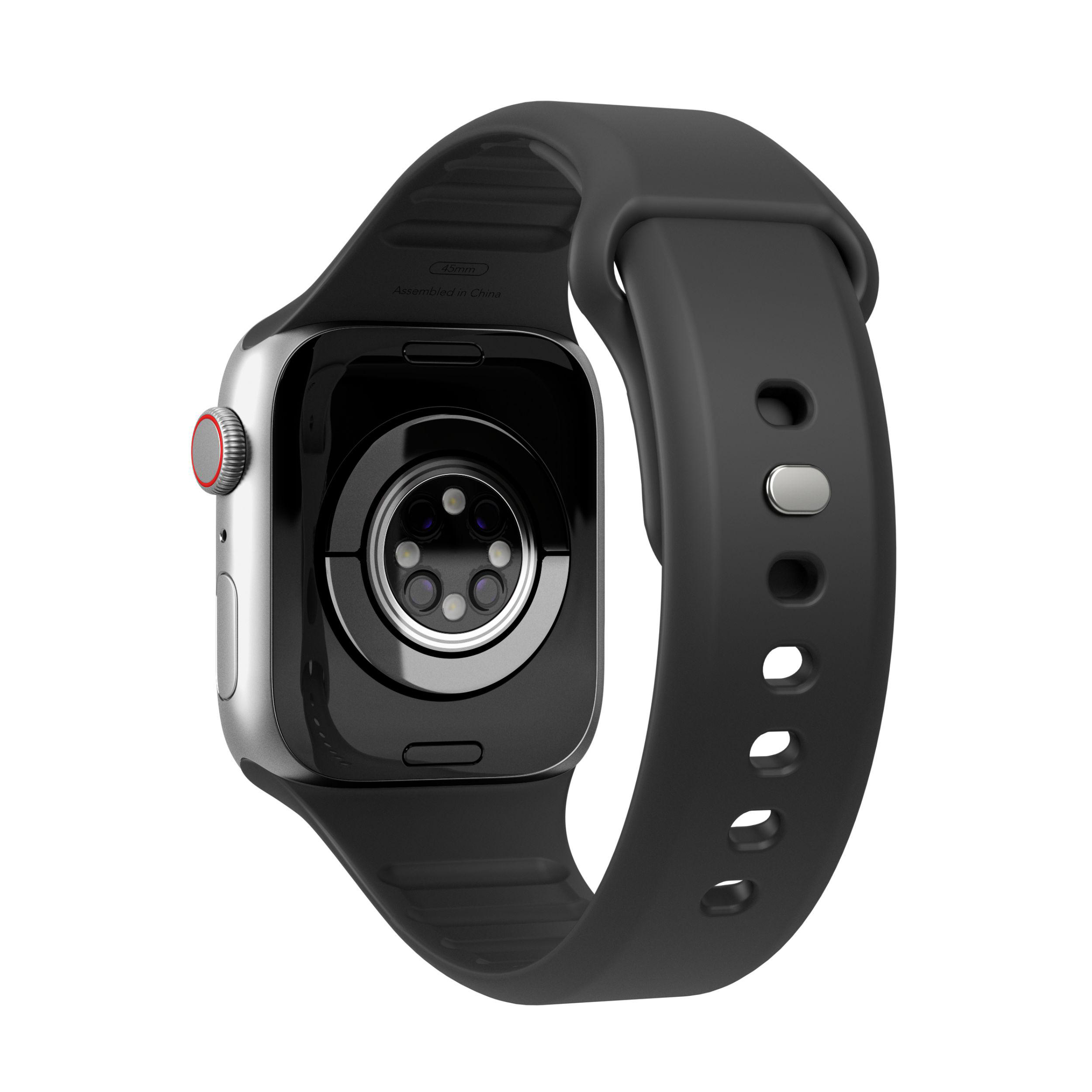 Rückseite der Apple Watch mit Sensoren und Bandanschluss, schwarzes Armband.