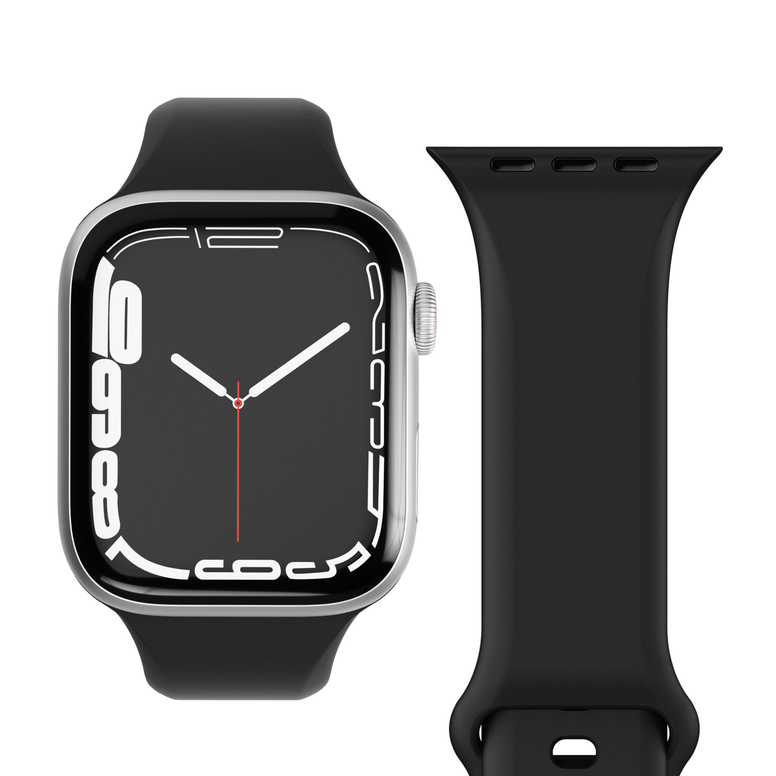 Schwarze Apple Watch mit schwarzem Armband, zeigt die Zeit an. Das Armband ist abgenommen, zeigt das Gehäuse.