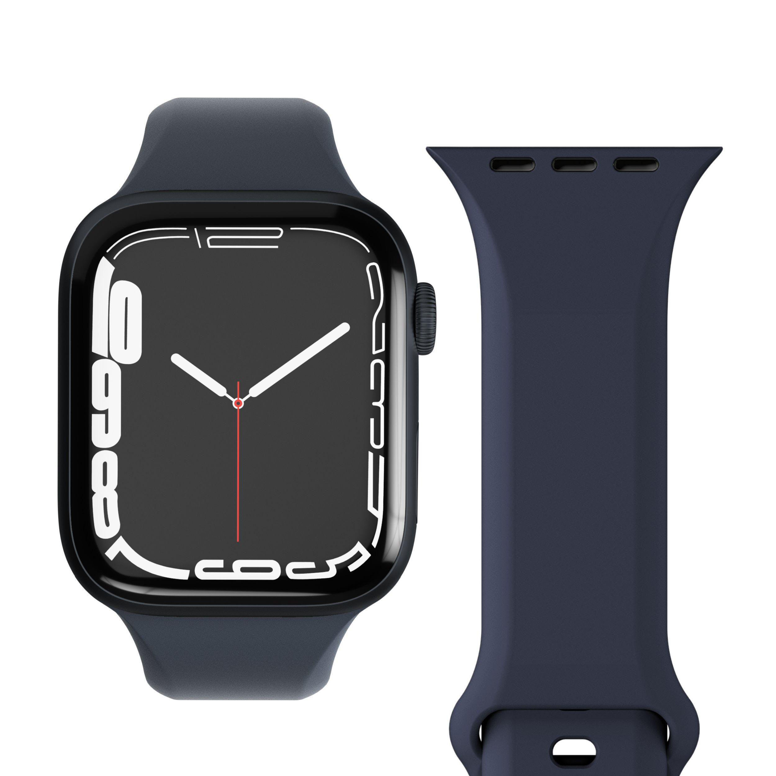 Eine marineblaue Apple Watch mit marineblauem Armband auf weißem Untergrund.