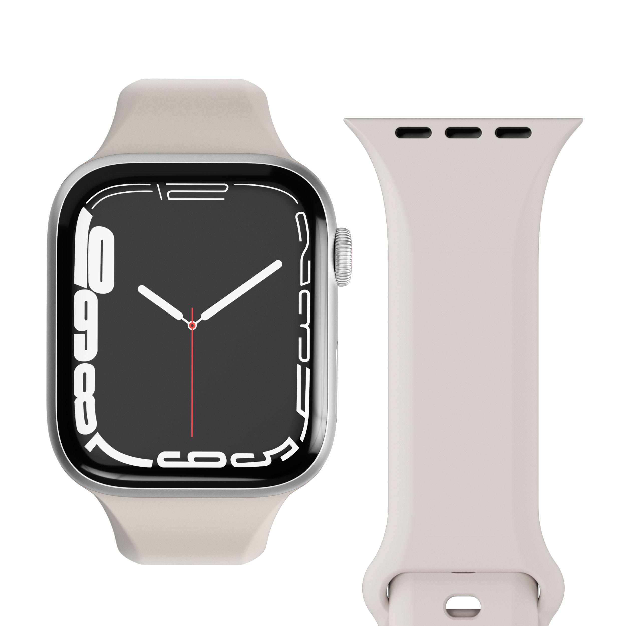 Apple Watch mit hellgrauem Armband. Das Zifferblatt zeigt die Uhrzeit und ein weißes Zifferblatt.