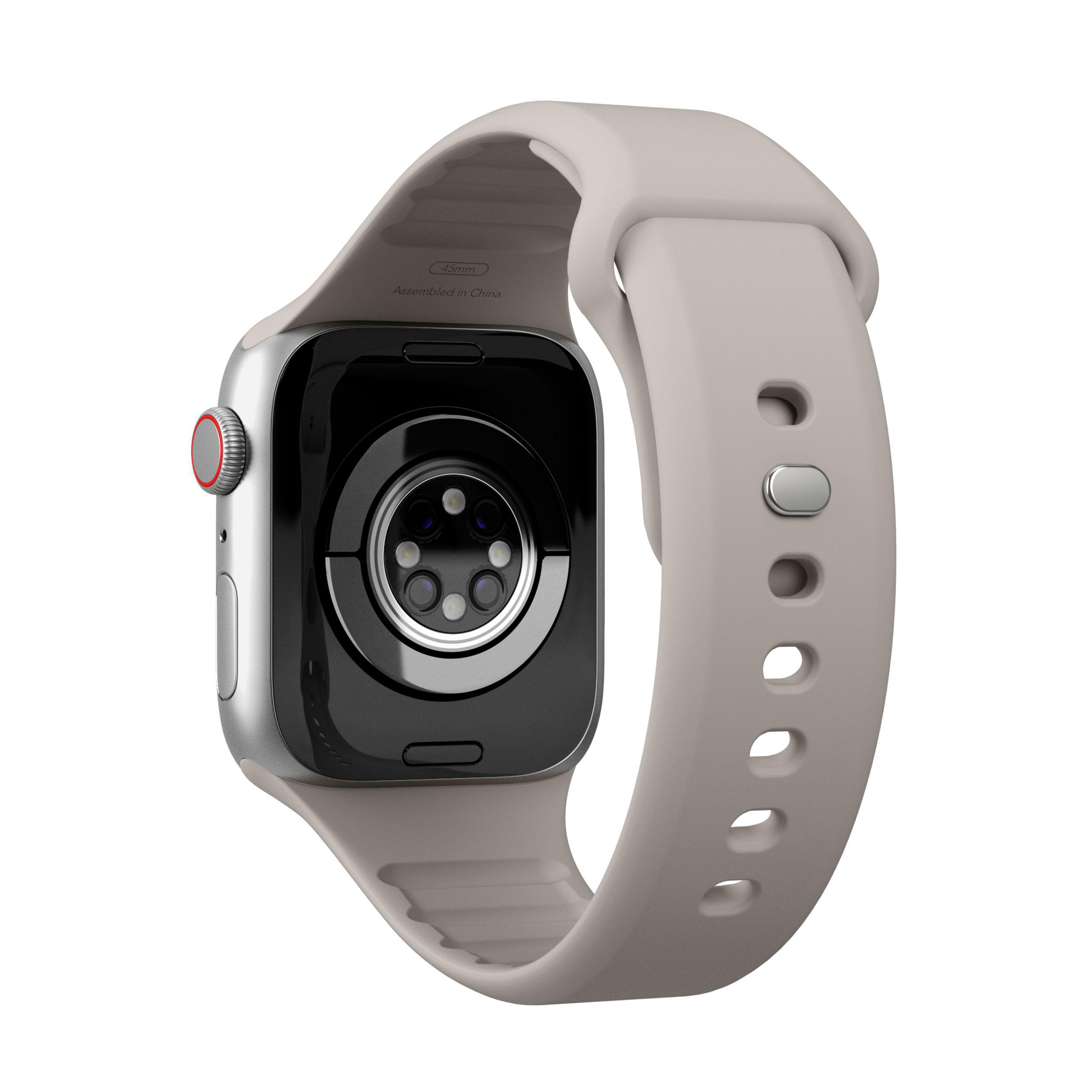 Rückseite einer silbernen Smartwatch mit grauem Armband. Die Uhr hat Sensoren und einen roten Knopf.