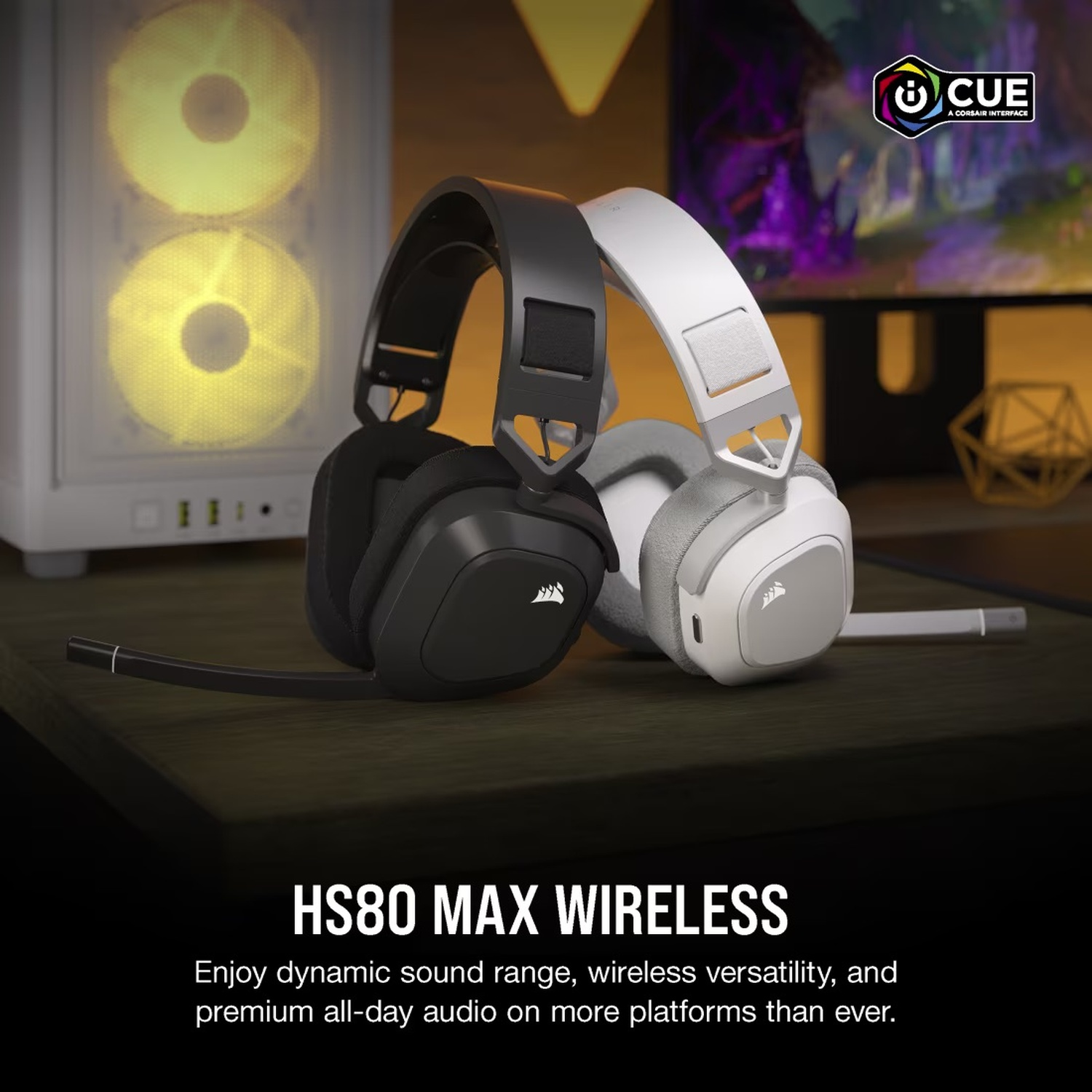 Cuffie da gioco bianche e nere con microfono e la scritta 'HS80 MAX WIRELESS'.