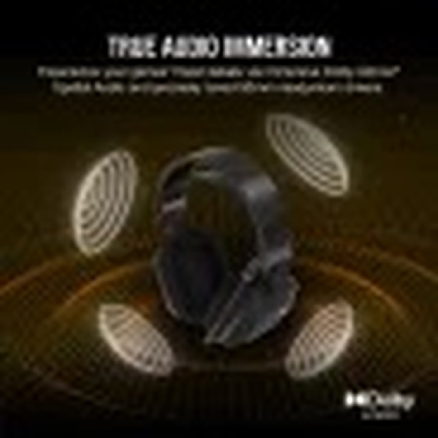 Cuffie nere su sfondo scuro con grafica a onde sonore. Testo: True Audio Dimension.