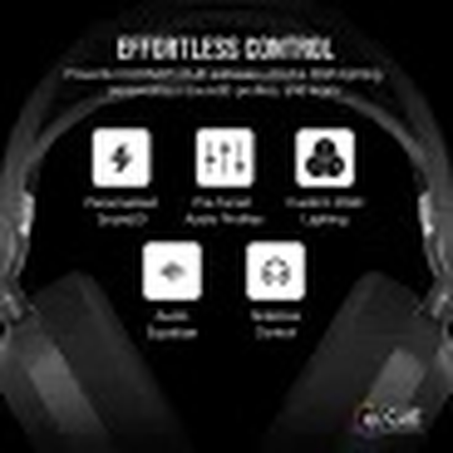 Cuffie nere con icone che mostrano le funzioni: alimentazione, audio, luci e altro.