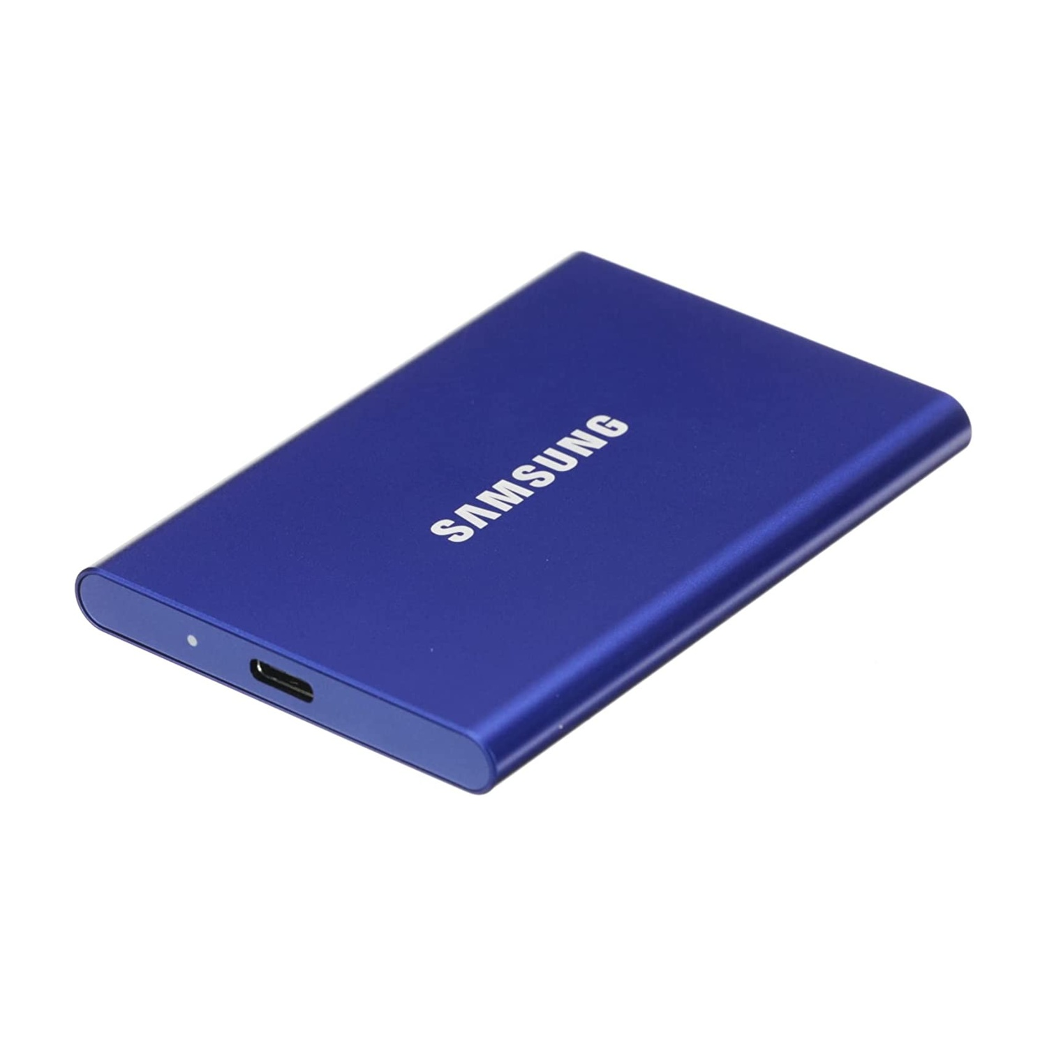 Un disco rigido esterno Samsung blu e rettangolare, con il nome del marchio stampato in bianco.