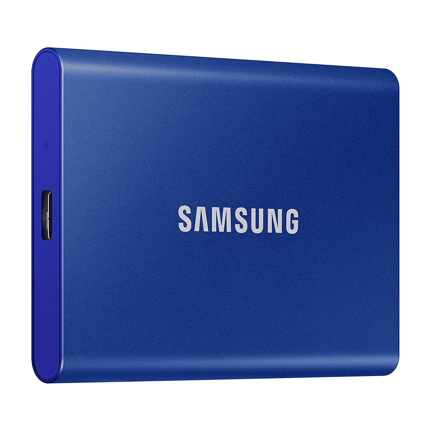 SSD portatile Samsung blu, con il marchio in lettere bianche.
