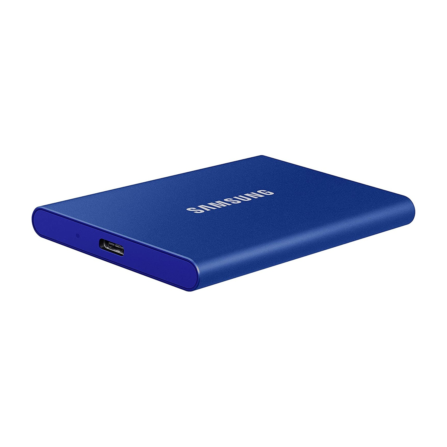 Disco rigido esterno Samsung blu. L'unità è rettangolare e riporta la scritta SAMSUNG.