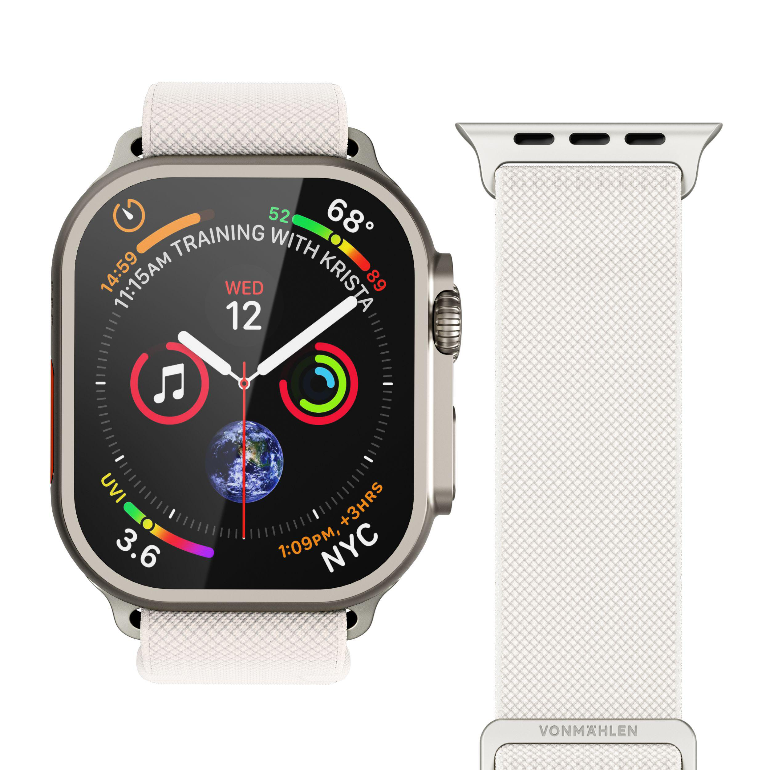 Eine Smartwatch mit weißem Armband, die Zeit, Daten und eine Weltkarte zeigt.