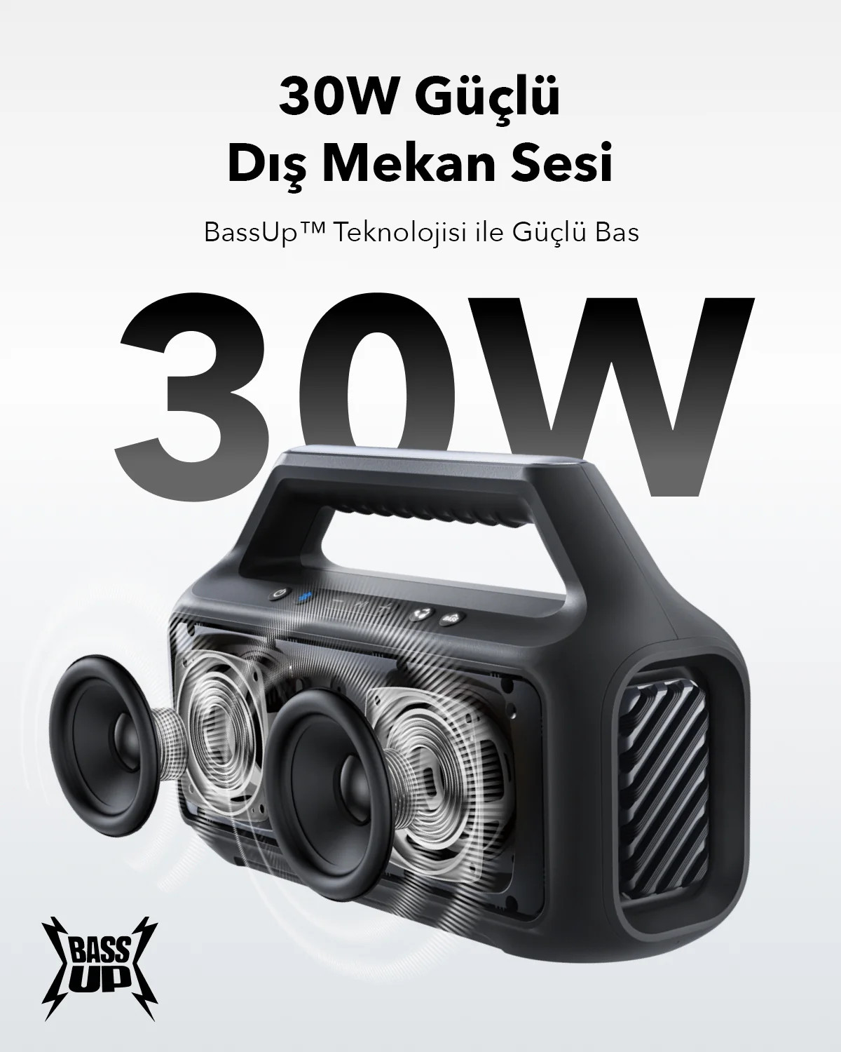 30W çıkışlı siyah taşınabilir hoparlör. BassUp tech logosu. Görünür iç bileşenler.