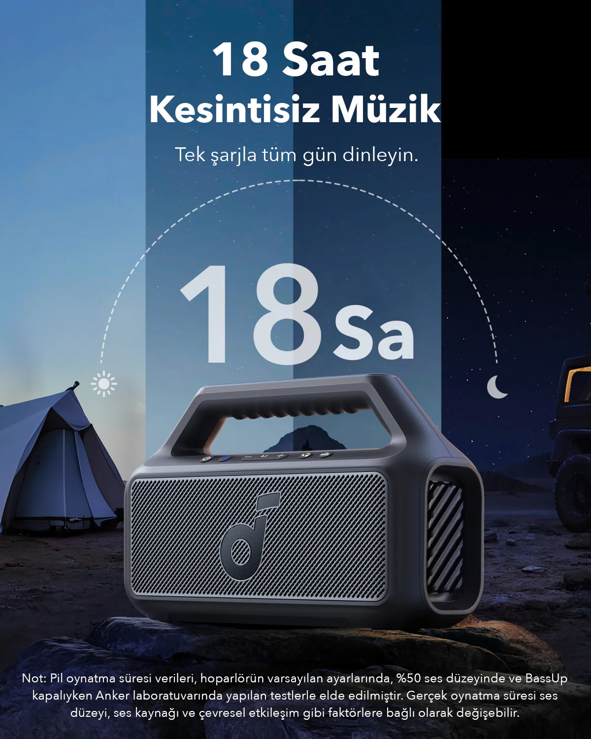 Bir çadır ve arabanın yanında taşınabilir bir hoparlör. 18 saat müzik gösterir.