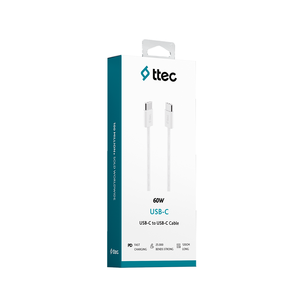 Özelliklerini açıklayan metinle mavi ve beyaz bir kutuda beyaz bir USB-C kablosu.