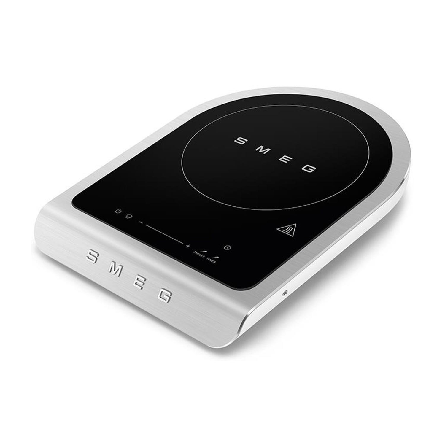 Piano cottura a induzione argento e nero. Marchio SMEG.