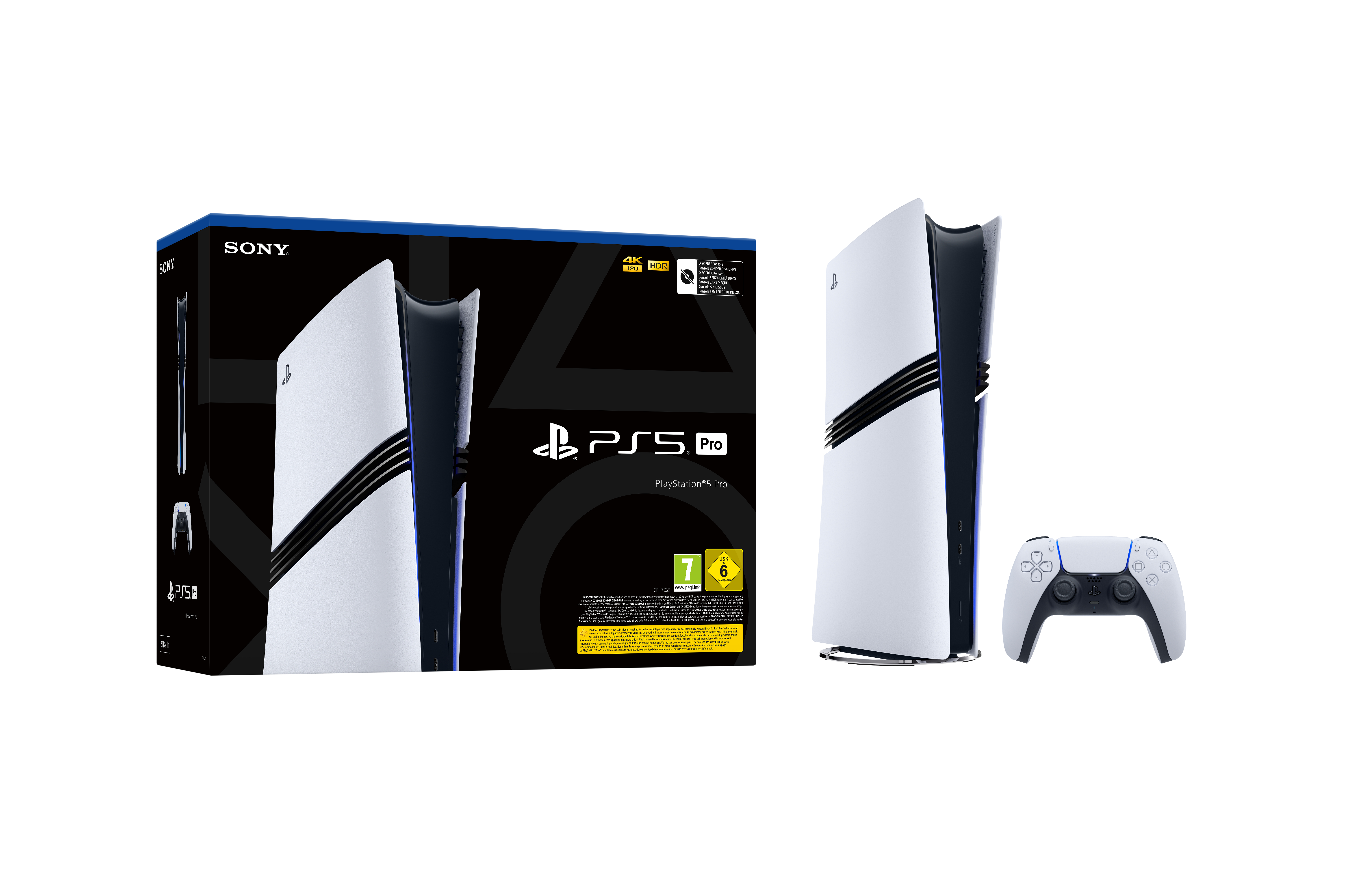 PlayStation 5 Pro Konsole, Box und Controller. Weiße Konsole mit schwarzen Akzenten, weißer Controller.