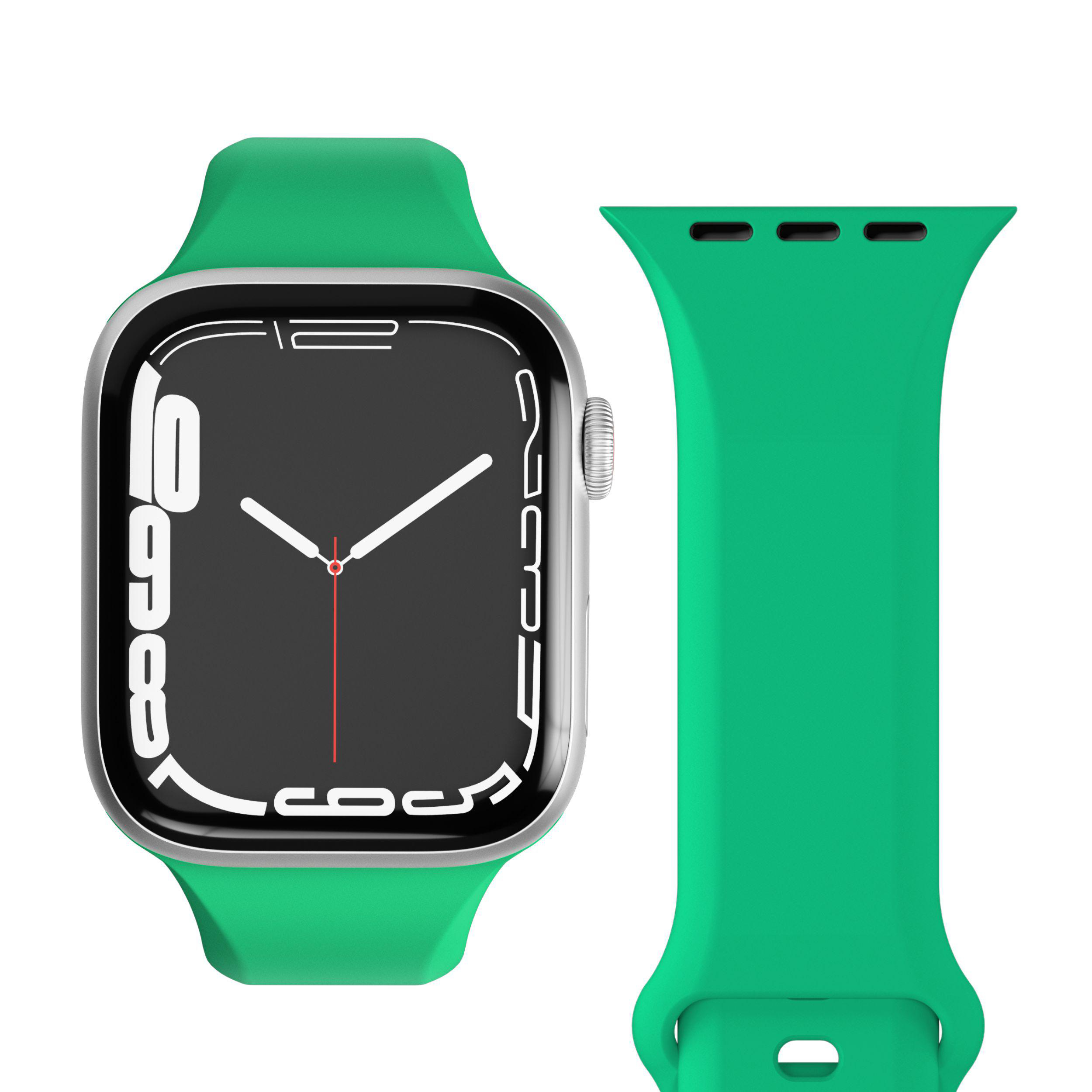 Apple Watch mit grünem Armband und separatem grünen Armbandteil auf weißem Grund.