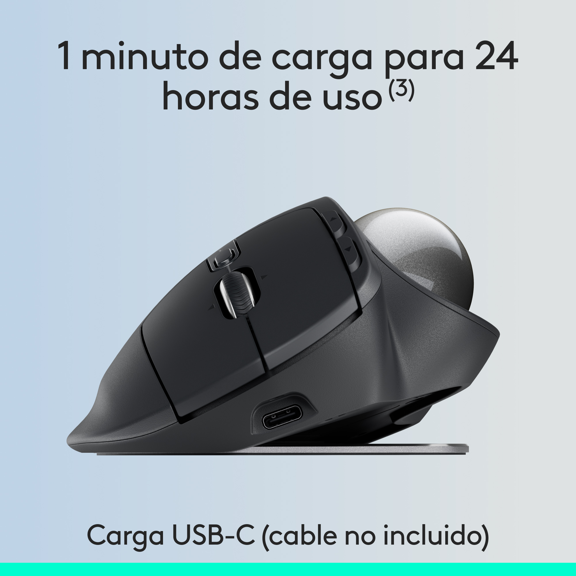Ratón trackball negro y gris con texto: '1 minuto de carga para 24 horas de uso'.