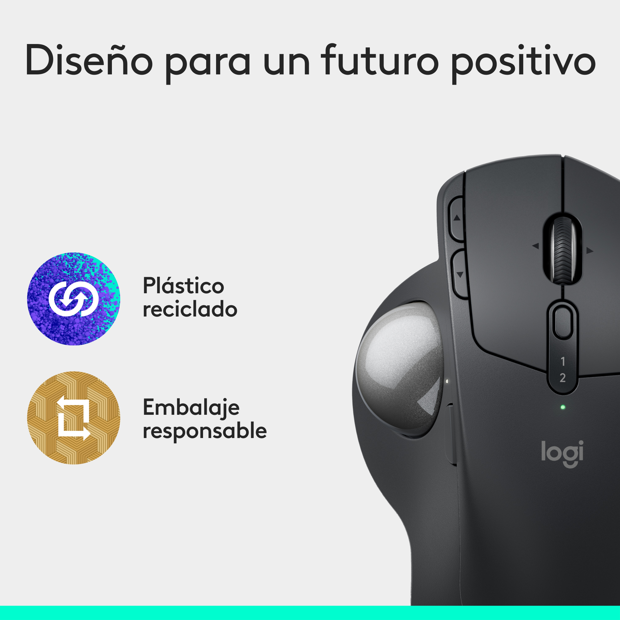 Ratón Logitech negro con trackball. Plástico reciclado y embalaje responsable.