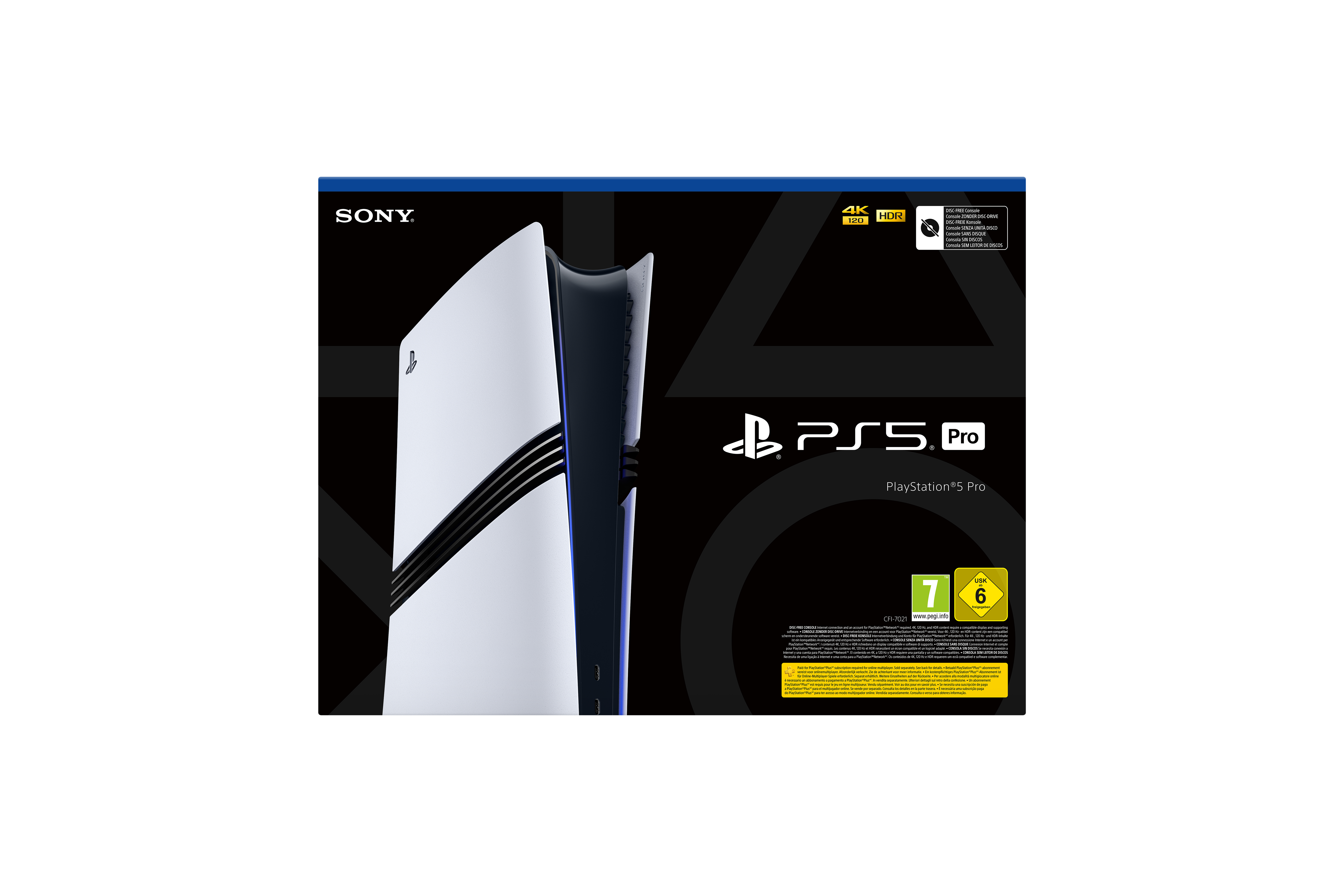 PlayStation 5 Pro Box. Weißes Konsolenbild, schwarzer Hintergrund, Text und Logos.
