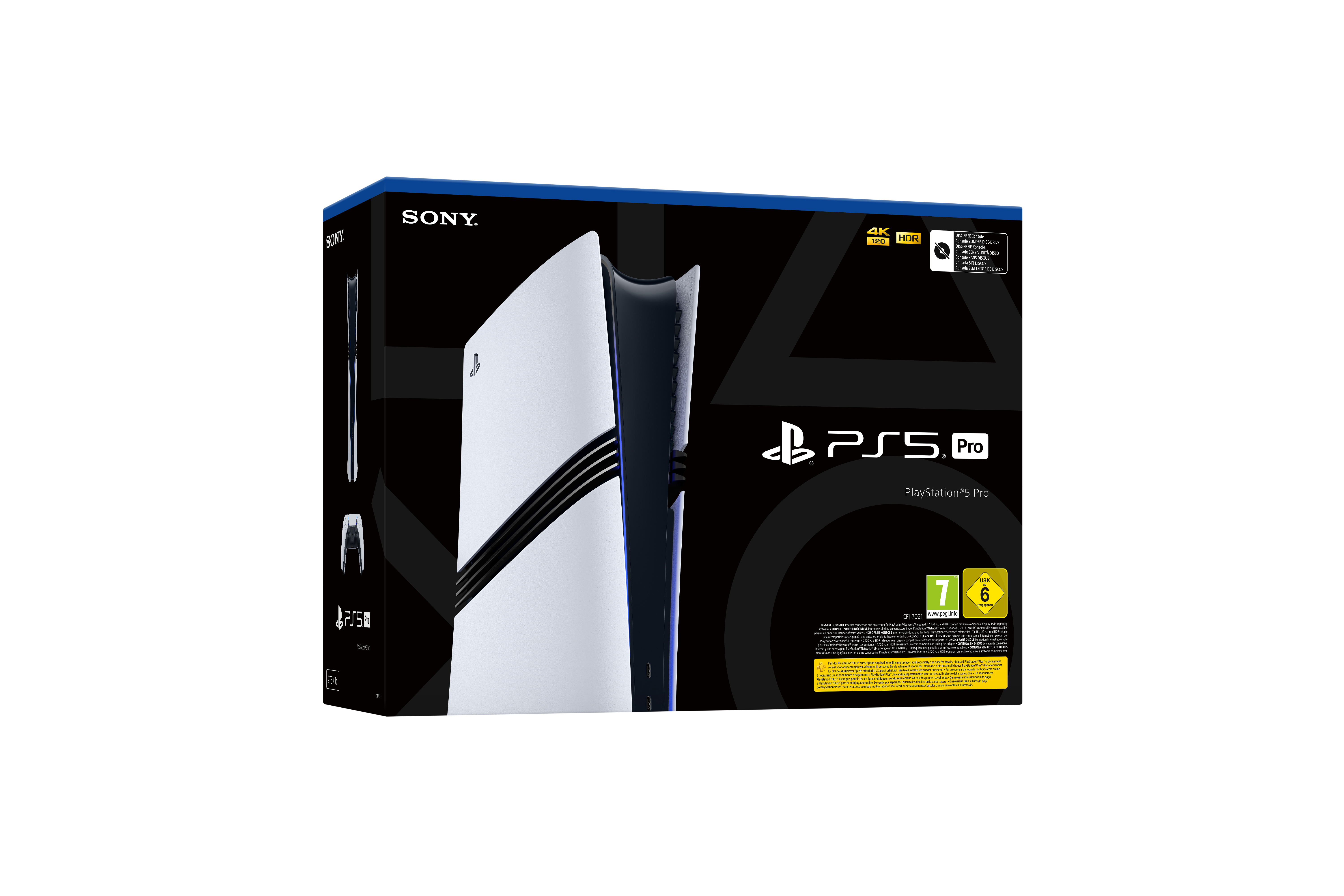 PS5 Pro Box, weißes Konsolenbild, mit schwarzen und blauen Akzenten, 4K HDR.