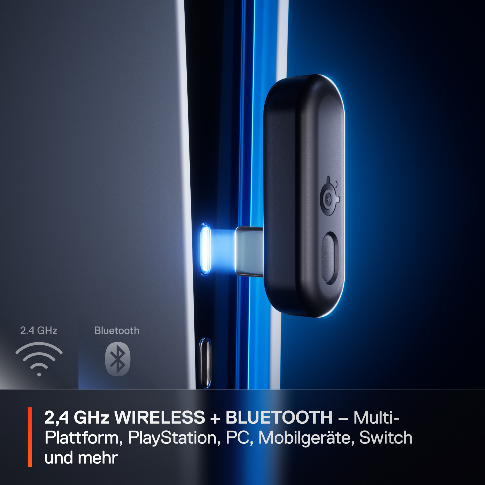 Schwarzer Bluetooth-Adapter, der mit einem Gerät verbunden ist.