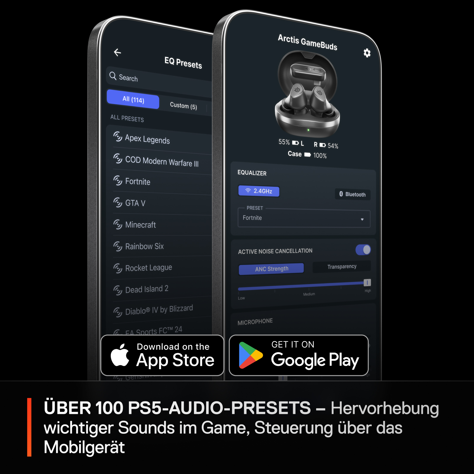 Zwei Smartphones zeigen App-Oberflächen zur Steuerung von Ohrhörern. Eines zeigt das Ladecase und die Ohrhörer.