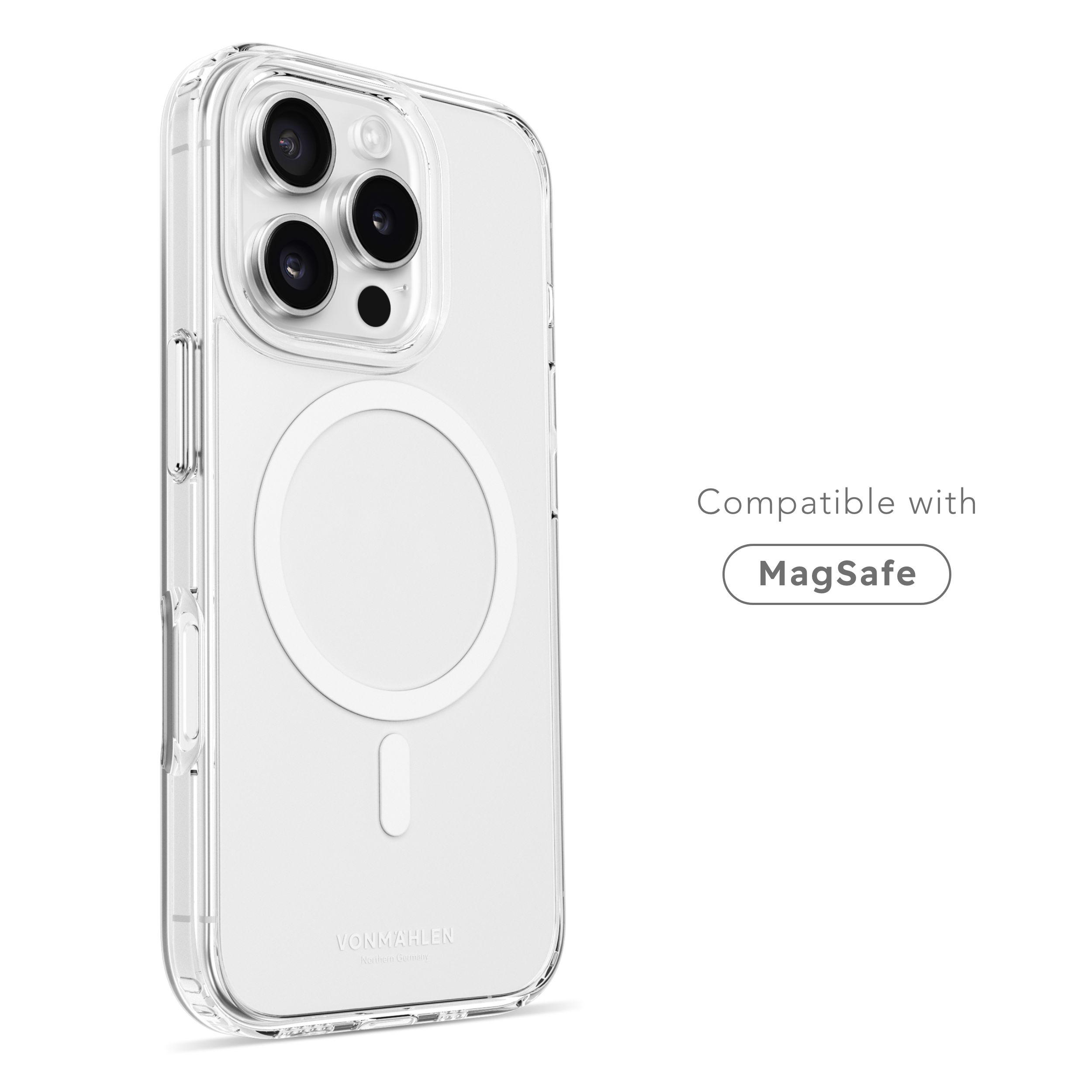 Eine transparente Handyhülle mit MagSafe-Kompatibilität. Sie ist transparent und zeigt die Rückseite des Telefons.