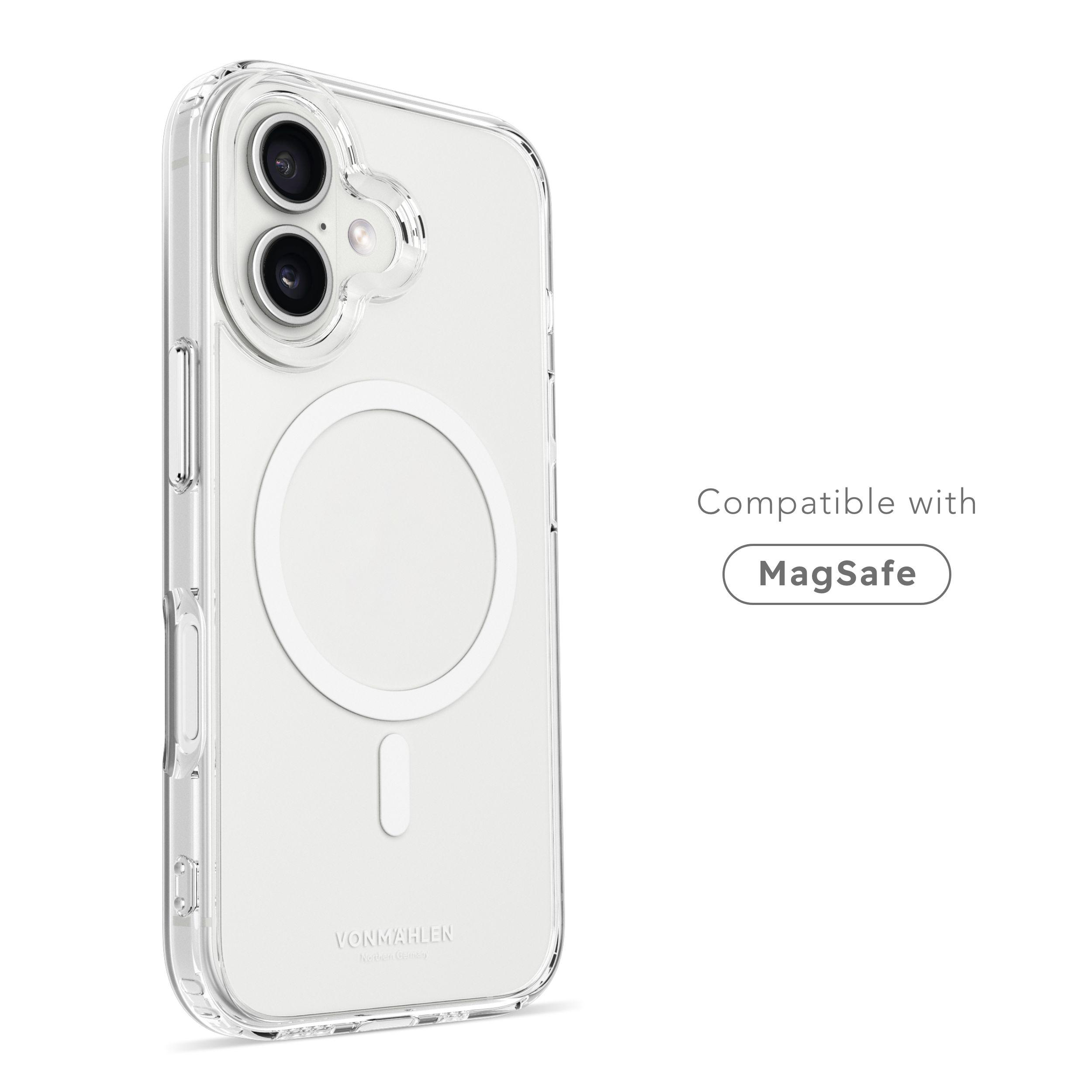 Transparente Handyhülle mit MagSafe-Kompatibilität für ein iPhone. Das Telefon ist nicht drin.