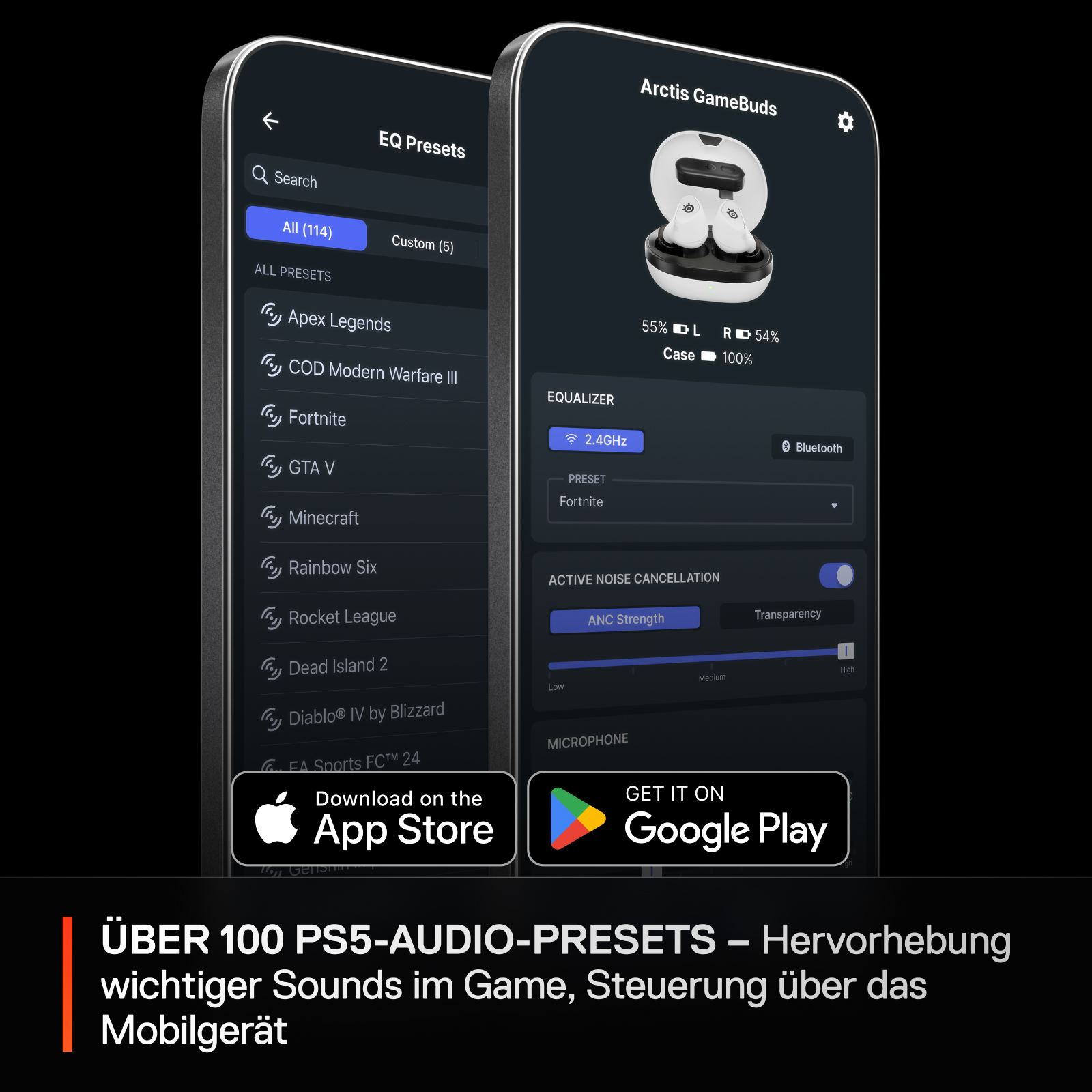 Zwei Handys mit App-Oberfläche für Ohrhörer, mit Equalizer-Einstellungen.