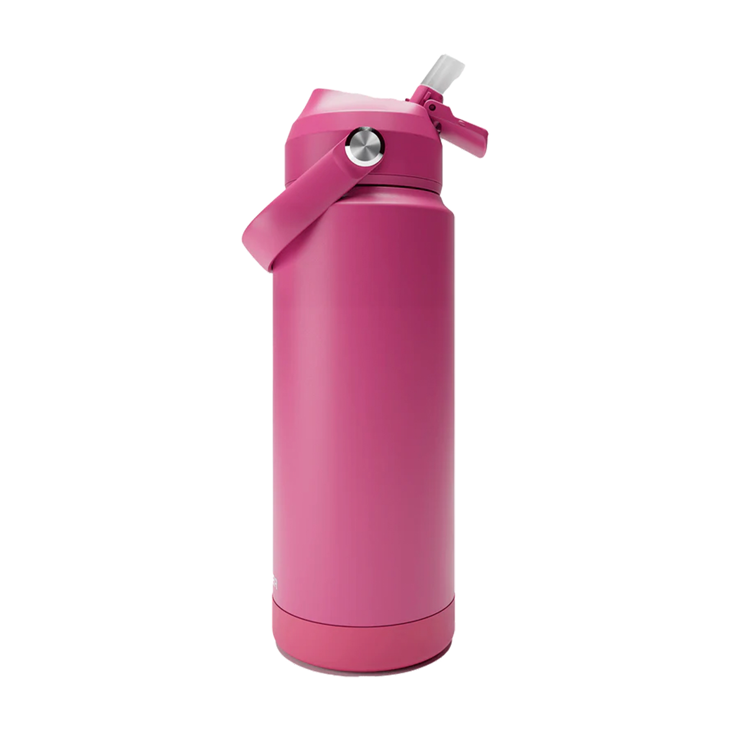 Una borraccia isolante rosa con manico e cannuccia, su sfondo bianco.