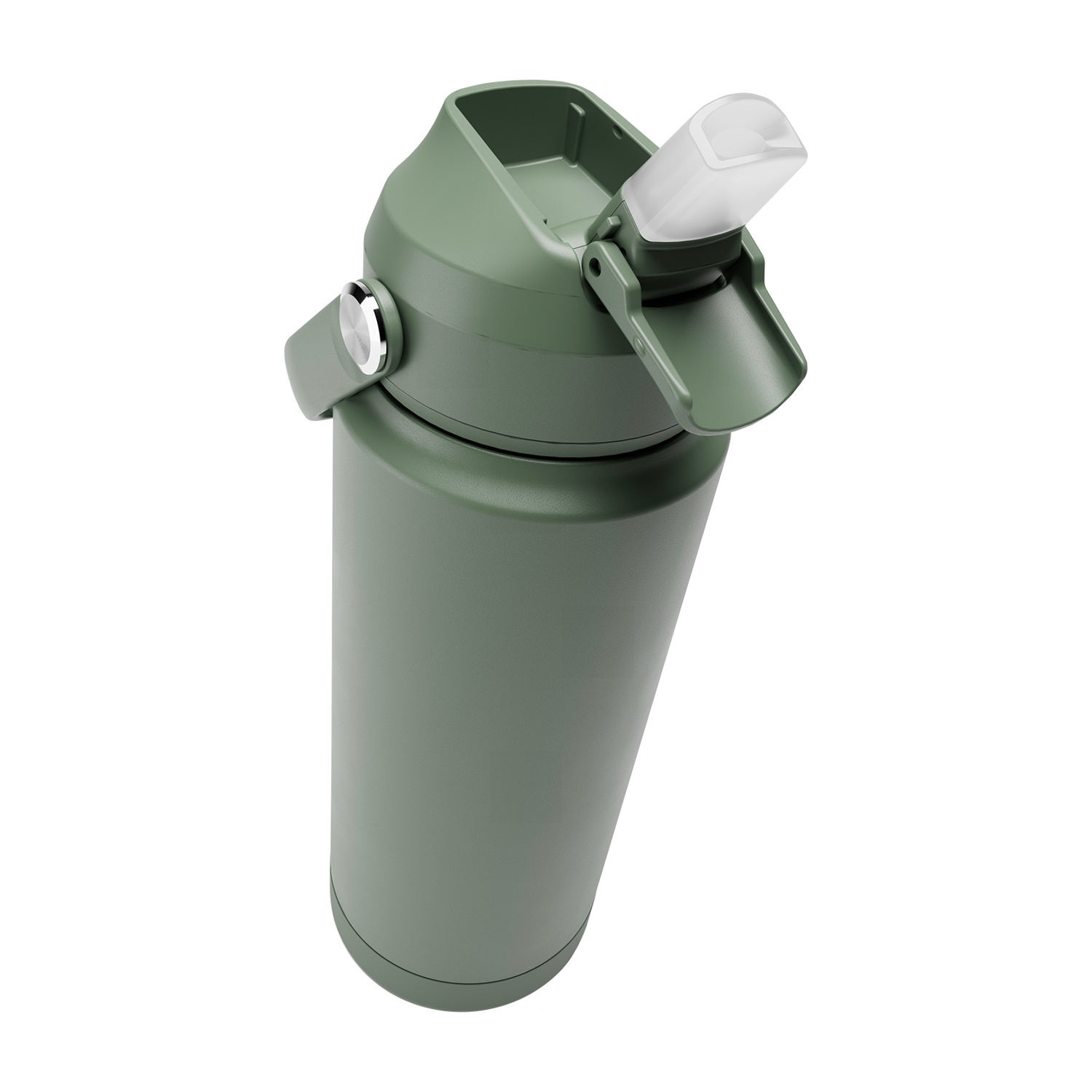 Borraccia verde con coperchio ribaltabile bianco. Il coperchio è aperto, mostrando il beccuccio.