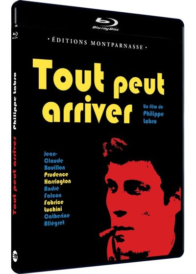 Affiche de film : 'Tout peut arriver', fond noir, image d'un homme, texte rouge et jaune.