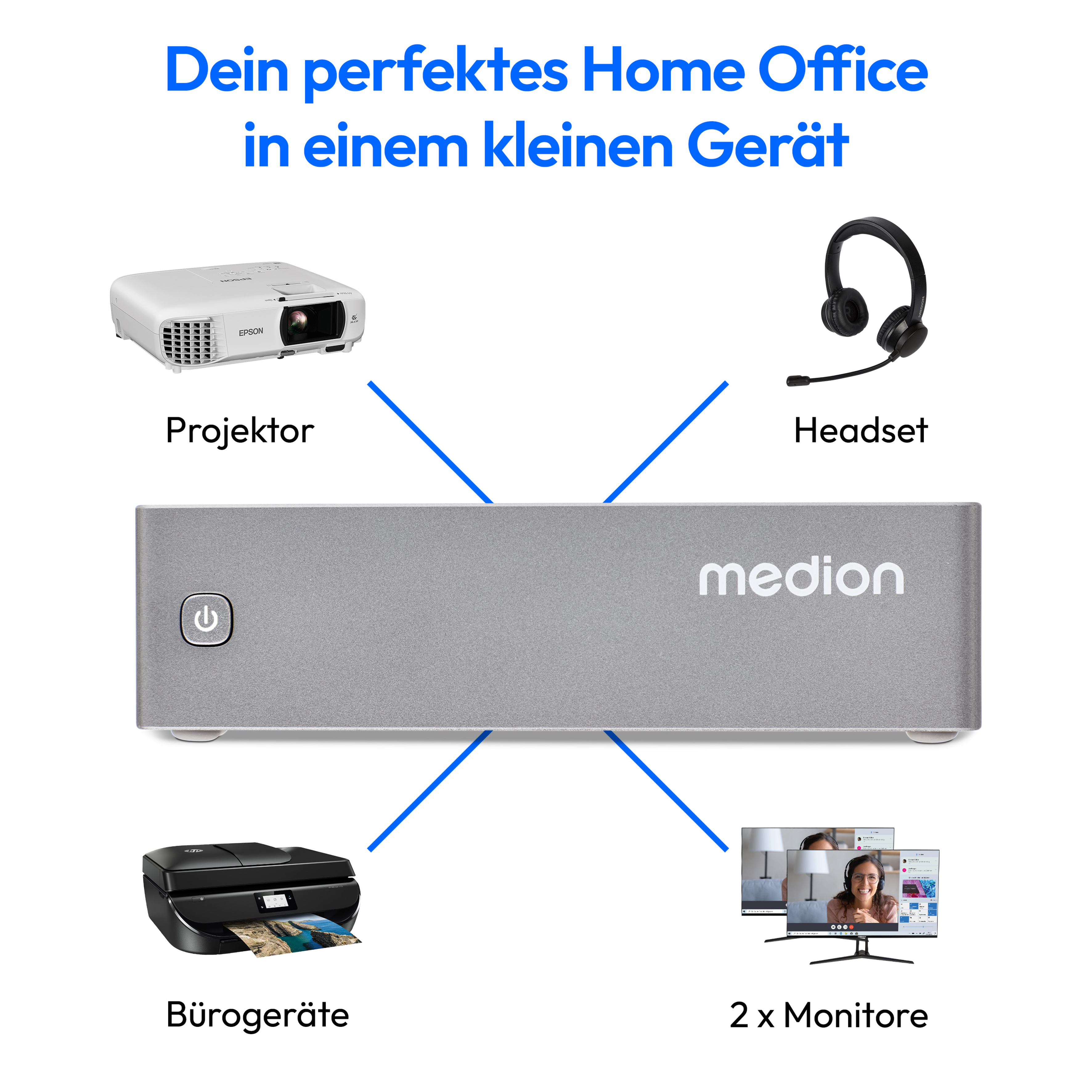 Homeoffice-Setup mit Projektor, Headset, Drucker und Monitoren.