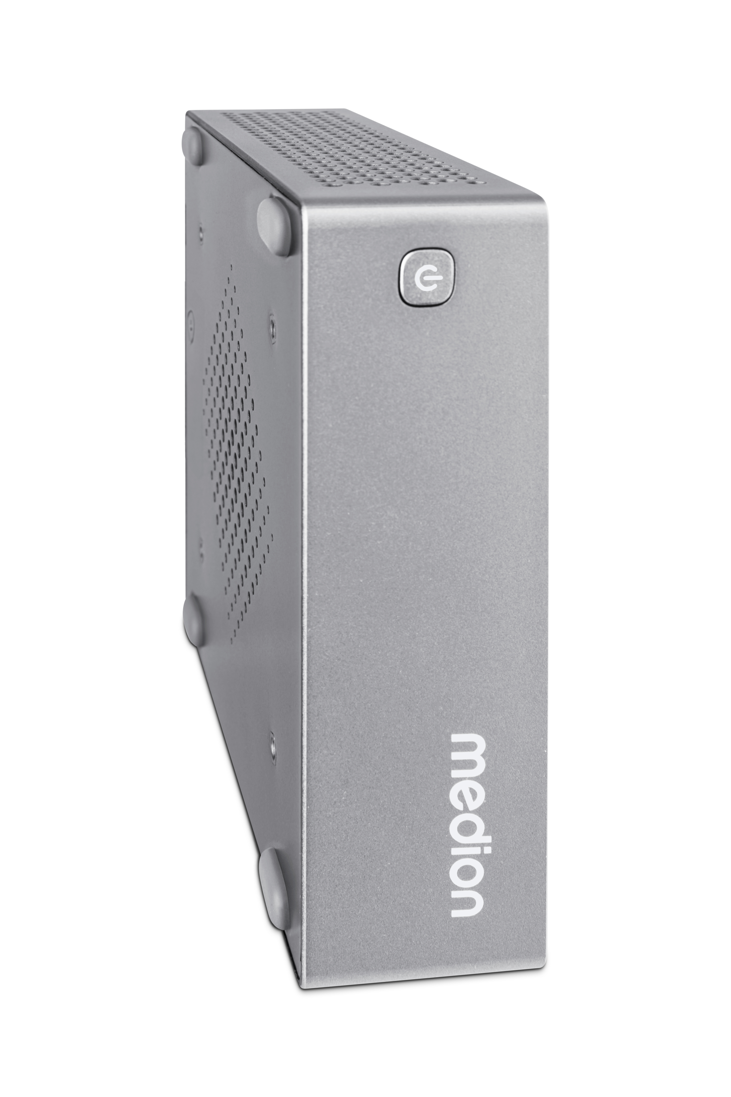 Ein silberner Medion Computer-Tower, mit Ein-Aus-Schalter und Logo.