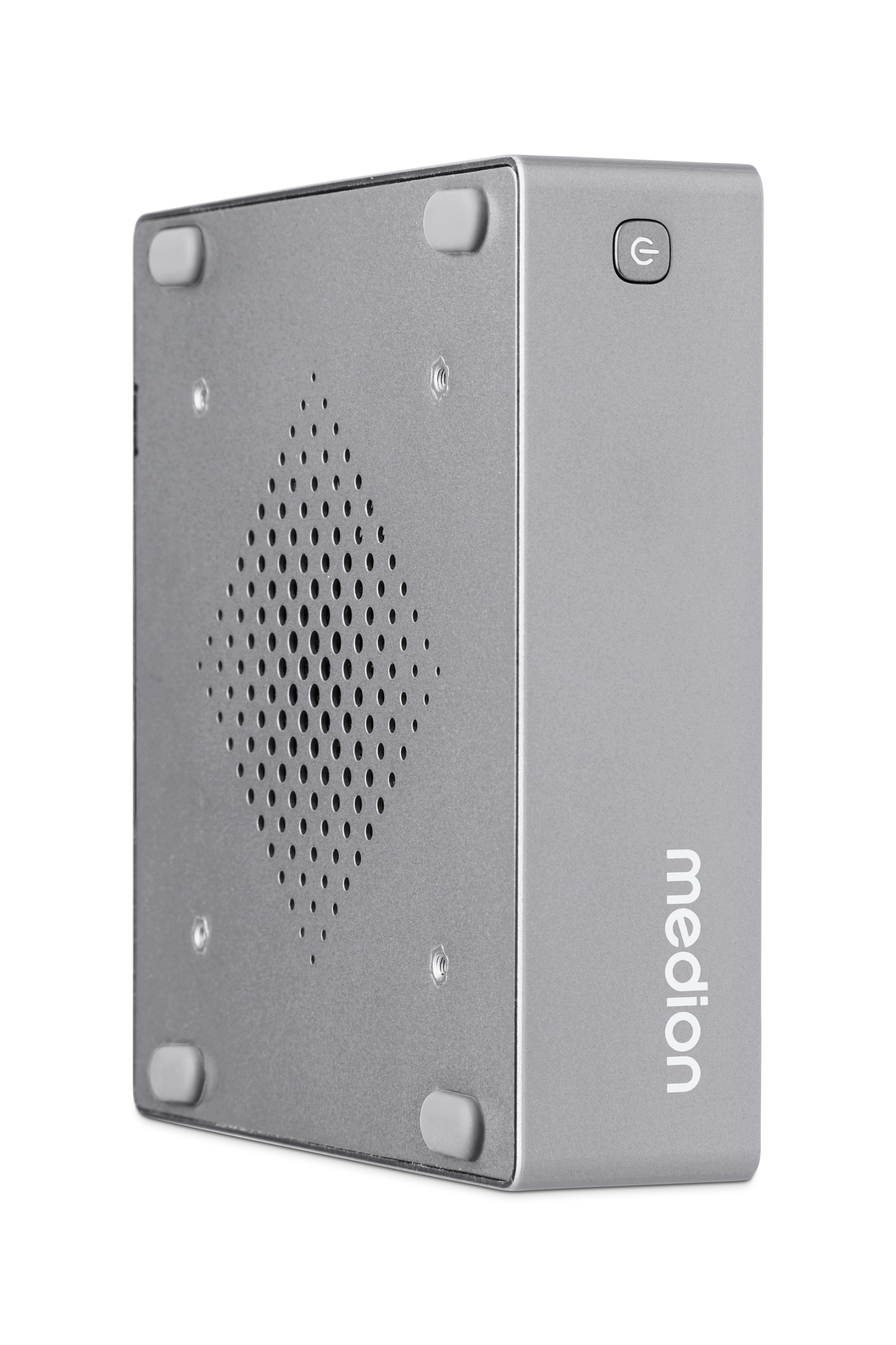 Silberner Medion Mini-PC, Seitenansicht. Mit Ein-/Aus-Taste und Lüftungslöchern an der Seite.