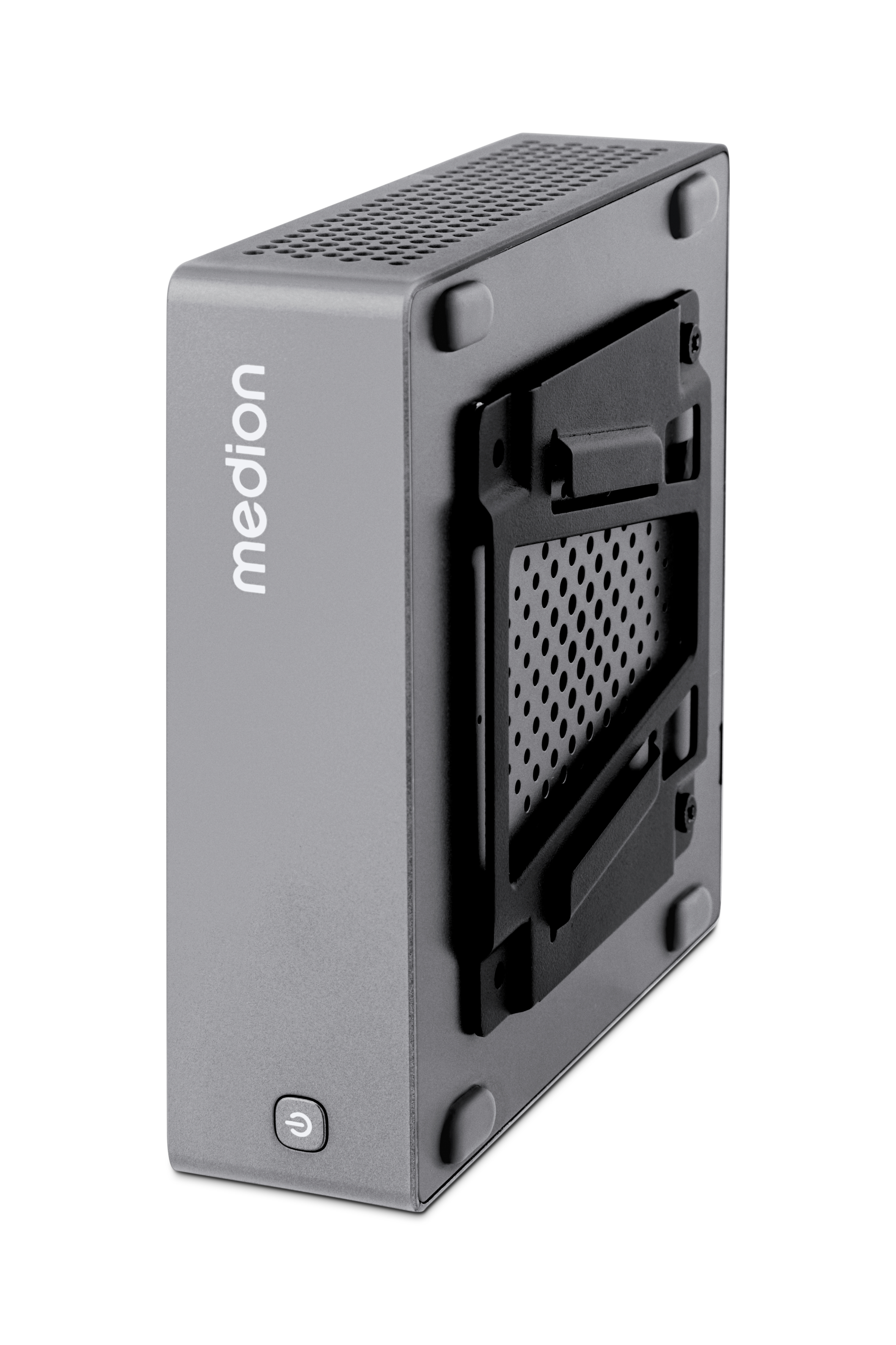 Ein kleiner, grauer Medion-Computer-Tower mit einer schwarzen Halterung an der Seite.