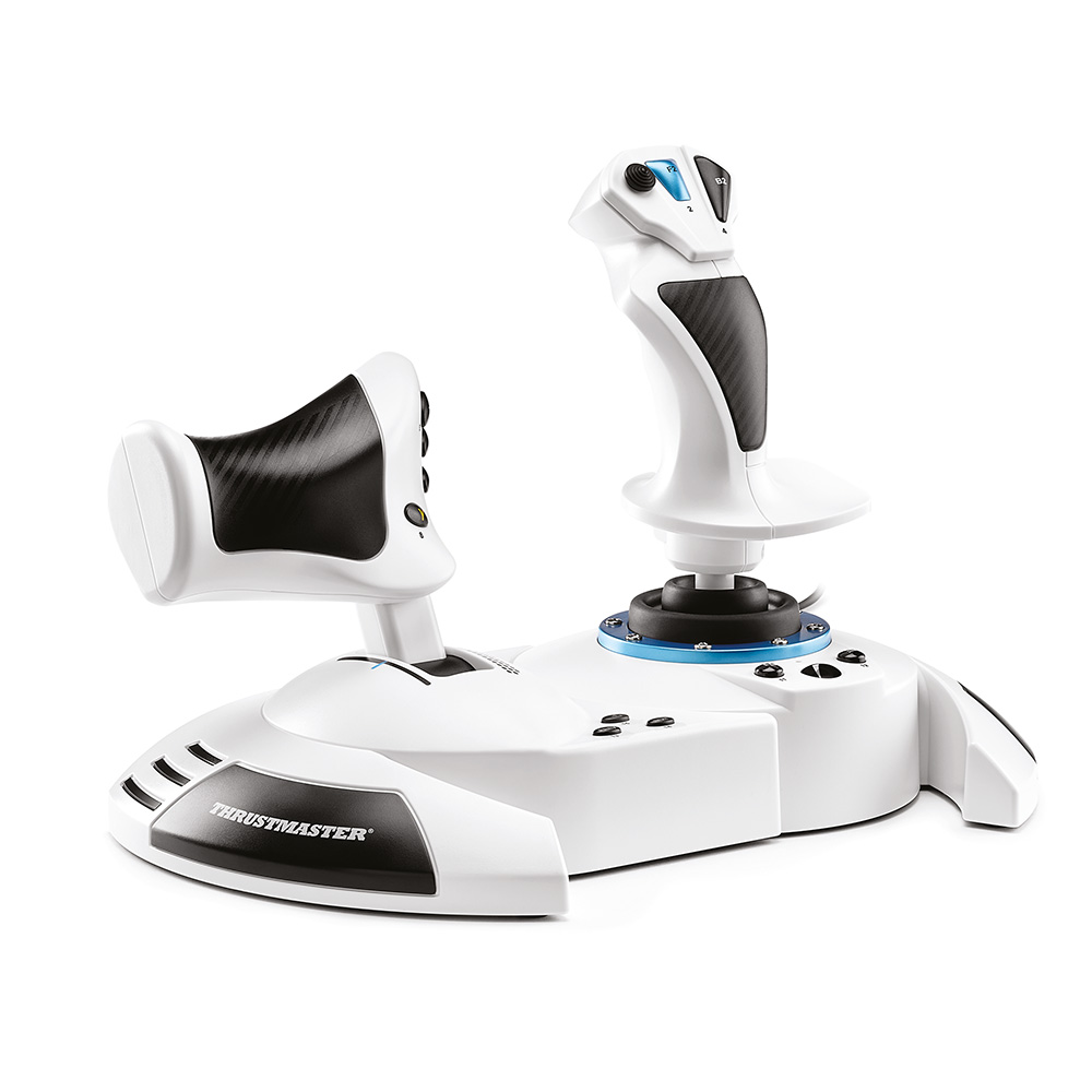 Ein weißer und schwarzer Flight Stick mit verschiedenen Knöpfen und Bedienelementen auf weißer Oberfläche.